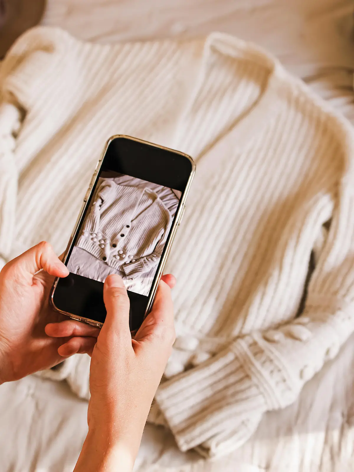 Close-up of woman's hands taking picture of her used sweater. Selling used clothes online, reuse, sustainable consumption