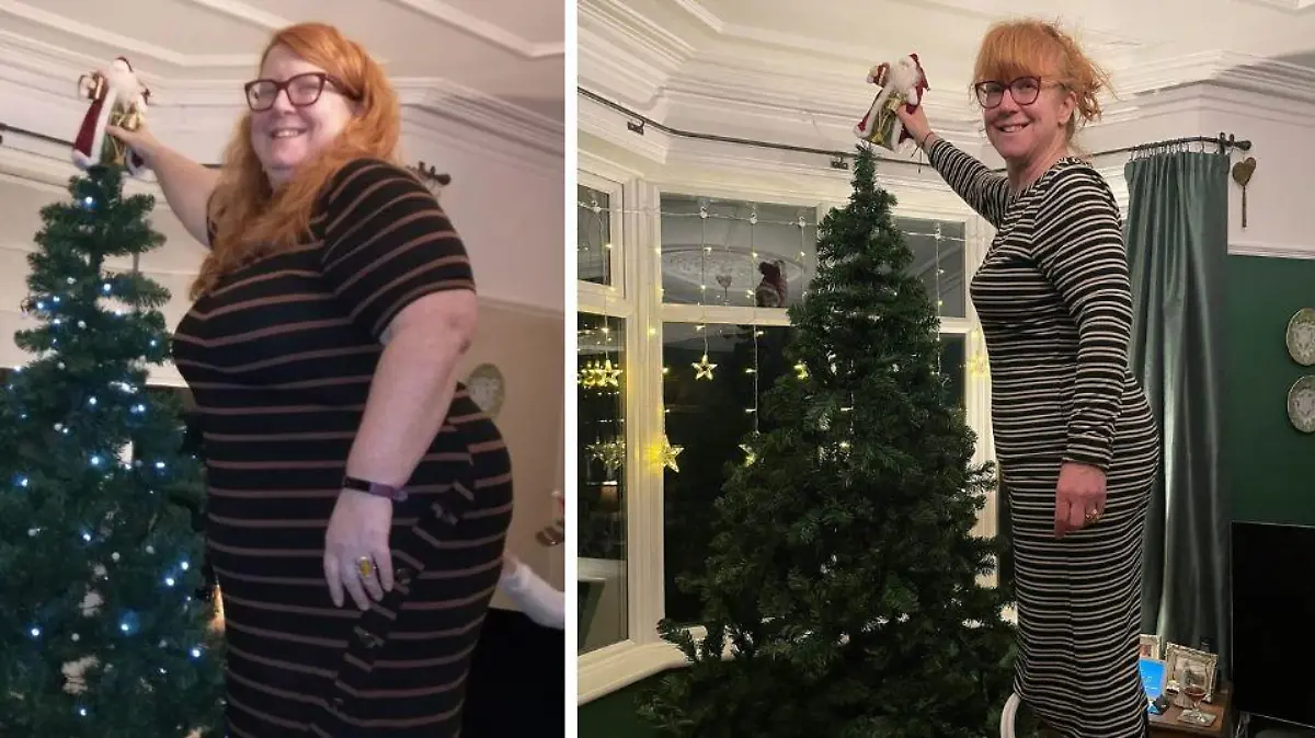 Verity Bambury vor und nach der Diät beim Schmücken des Weihnachtsbaums
