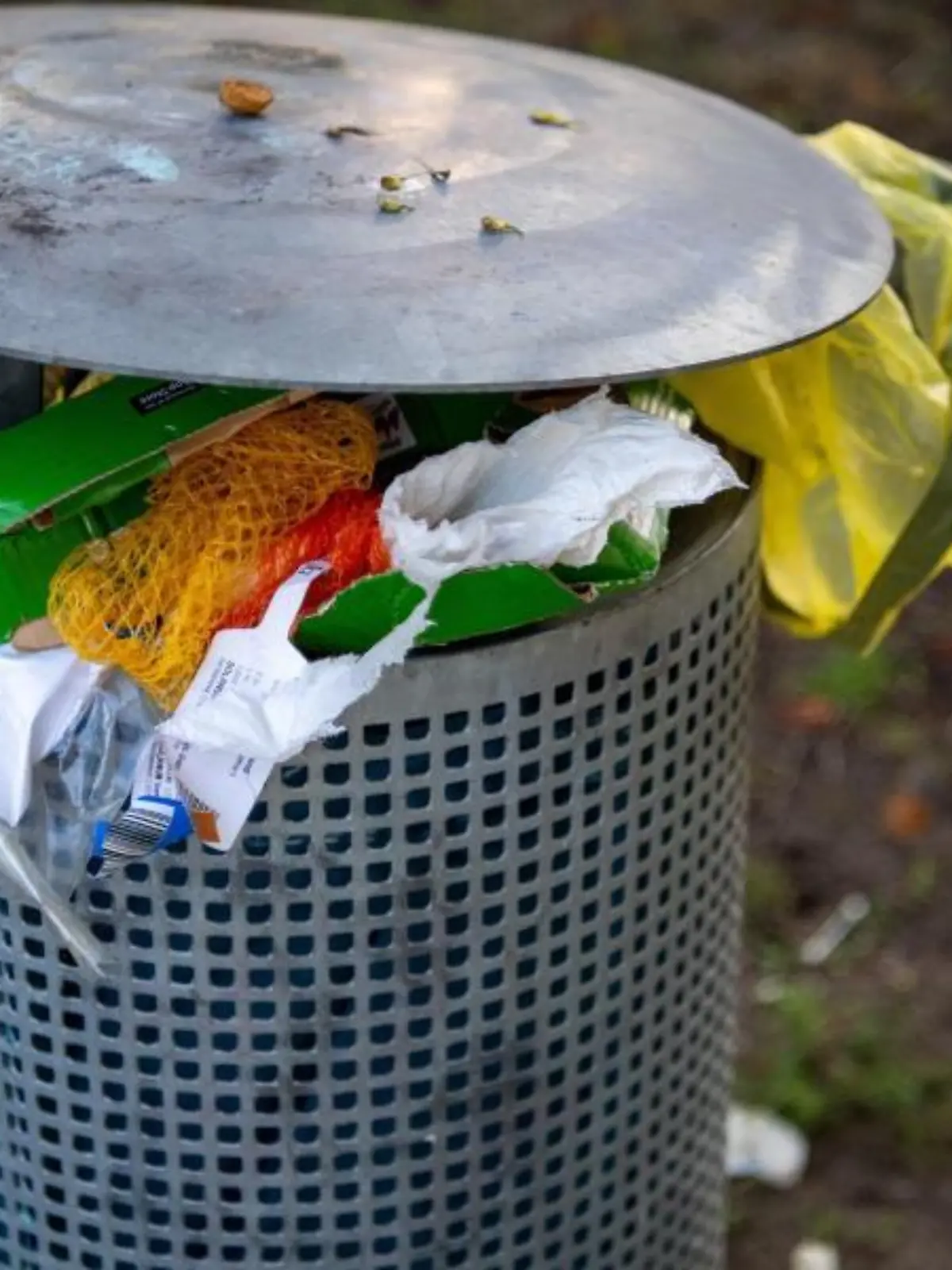 Ein überfüllter Mülleimer steht in einem Park