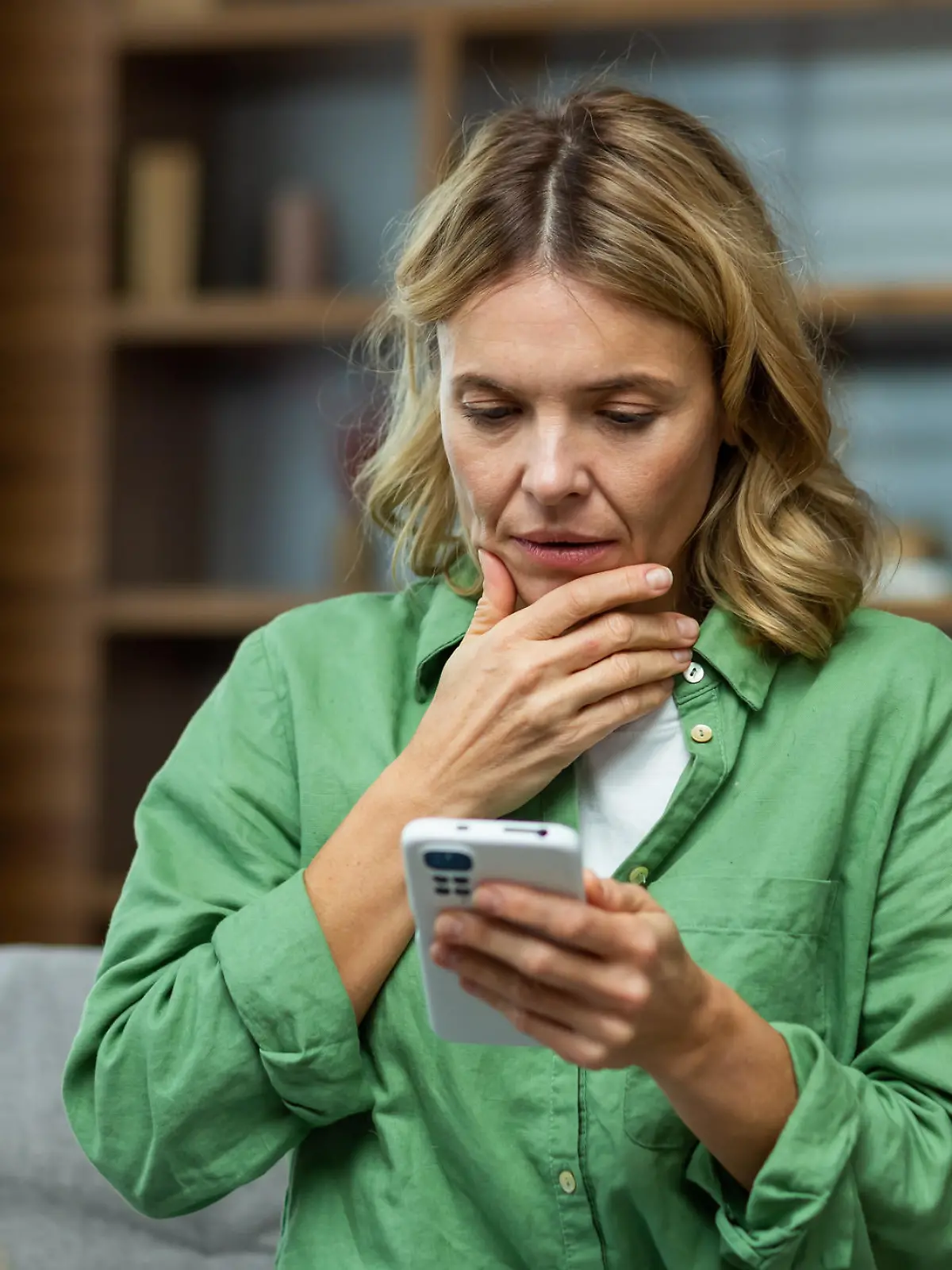 Close-up photo. Worried senior woman mother sitting on sofa at home and holding phone. Worries about children, writes and sends messages, calls, searches, waits at home.
