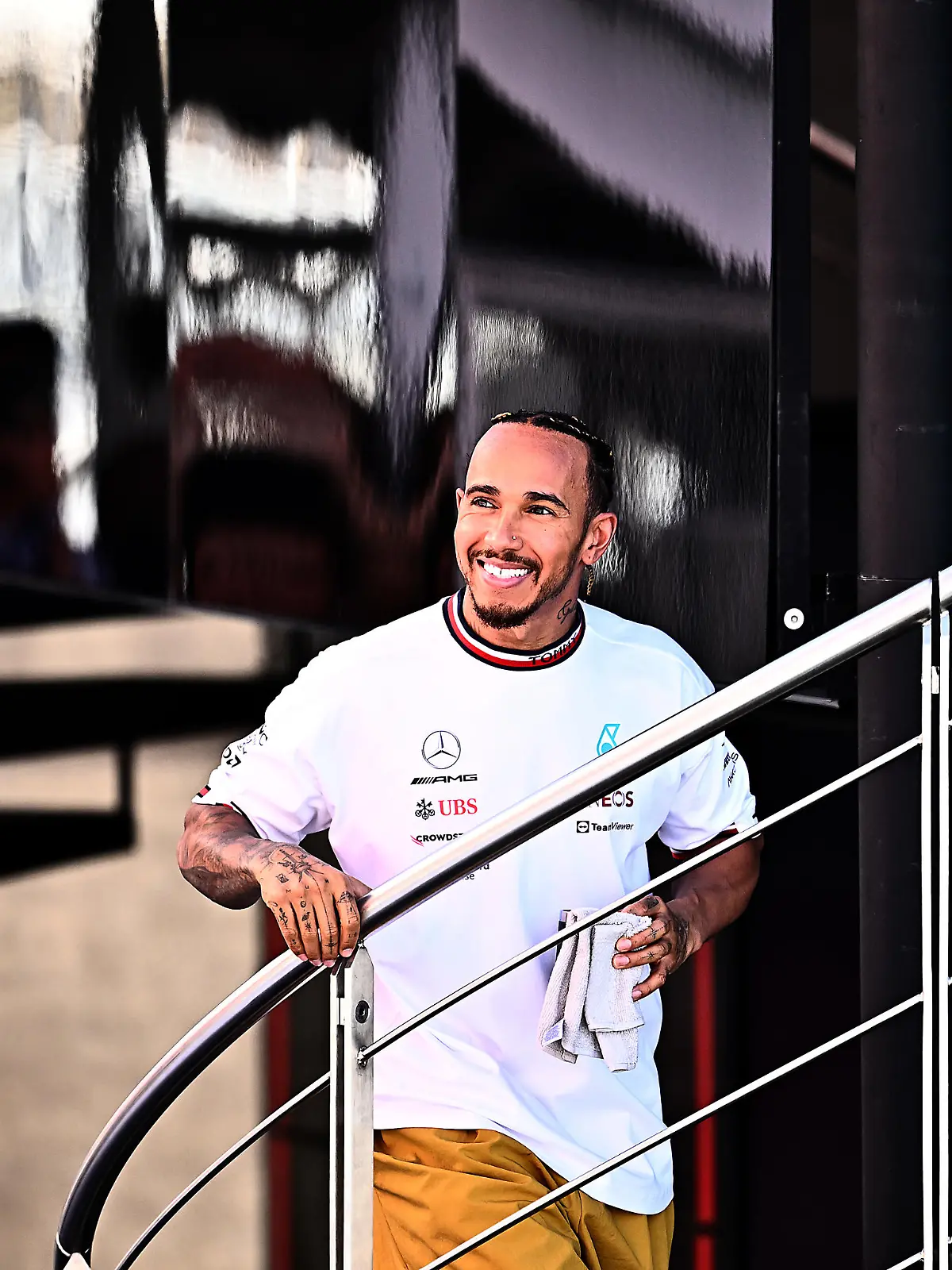 BARCELONA, SPAIN - MAY 20: Lewis Hamilton of Great Britain and Mercedes walks in the Paddock after practice ahead of the F1 Grand Prix of Spain at Circuit de Barcelona-Catalunya on May 20, 2022 in Barcelona, Spain. (Photo by Clive Mason/Getty Images)