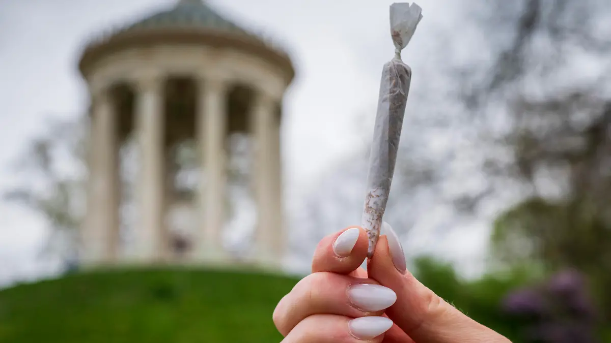ILLUSTRATION - 10.04.2024, Bayern, München: Eine Frau hält einen Joint vor der Kulisse des Monopteros im Englischen Garten. Seit Ostermontag gelten weite Teile des umstrittenen Cannabisgesetzes. Damit ist fortan für Erwachsene ab 18 Jahren der Besitz von bis zu 25 Gramm Cannabis zum Eigenkonsum erlaubt. In der eigenen Wohnung sollen drei Cannabispflanzen erlaubt sein und bis zu 50 Gramm Cannabis zum Eigenkonsum. Verboten bleibt Kiffen allerdings im öffentlichen Raum unter anderem in Schulen, Sportstätten und in Sichtweite zu solchen Einrichtungen. (zu dpa: «Kiffen im Englischen Garten in München von Donnerstag an verboten») Foto: Peter Kneffel/dpa +++ dpa-Bildfunk +++