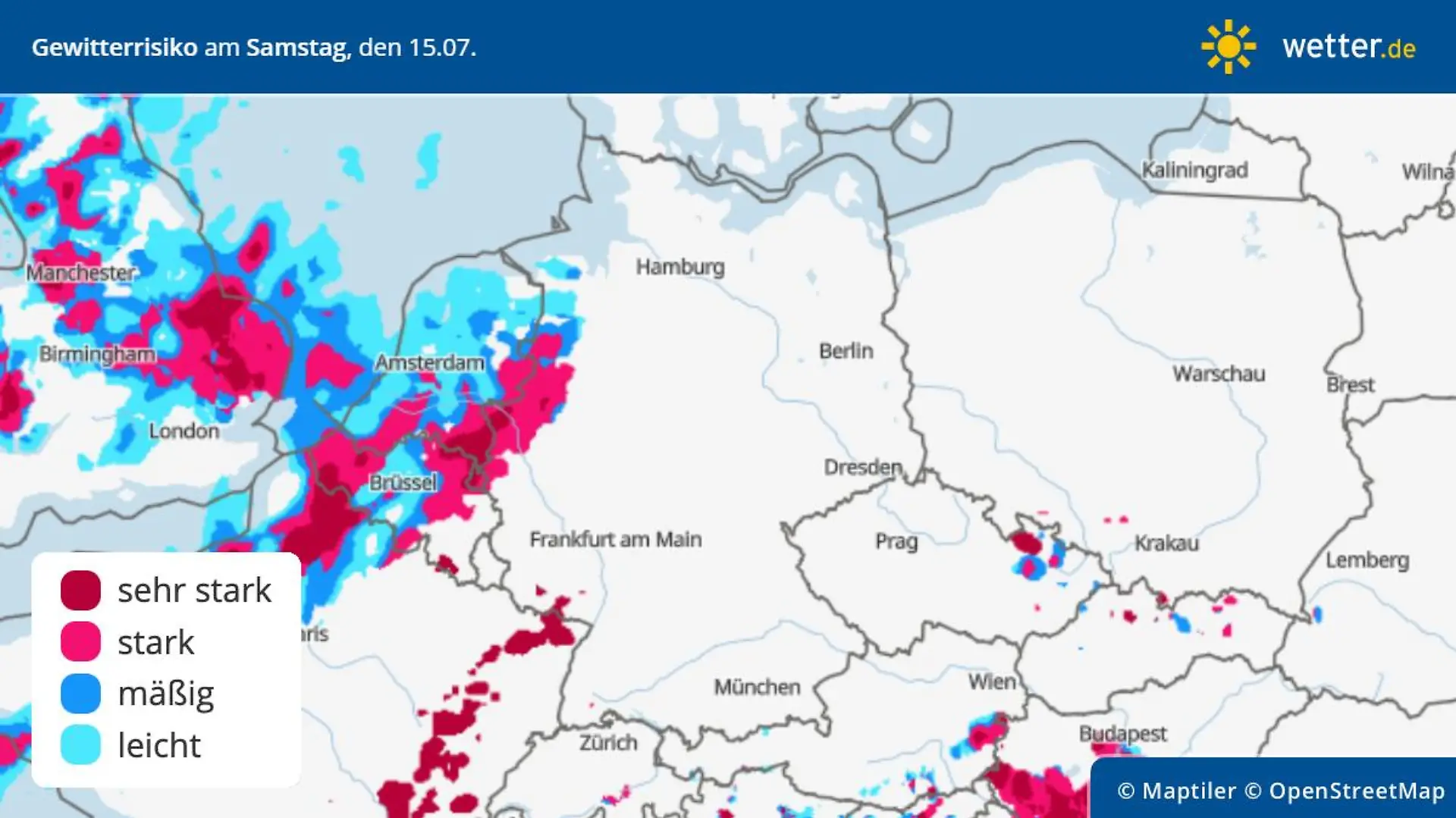 Gewitterrisiko am Samstag, 15. Juli, in Deutschland