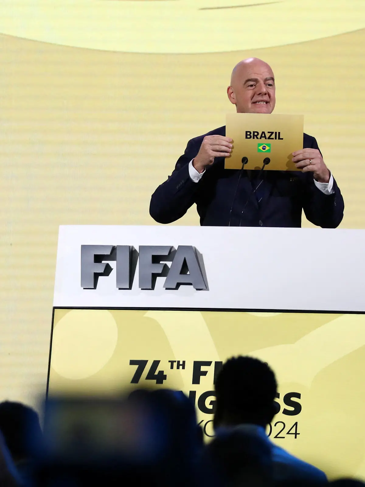 FIFA President Gianni Infantino unveils Brazil as the winner of the bid to host the Women's World Cup, during the 74th FIFA Congress at the Queen Sirikit National Convention Center in Bangkok, Thailand, May 17, 2024. REUTERS/Chalinee Thirasupa