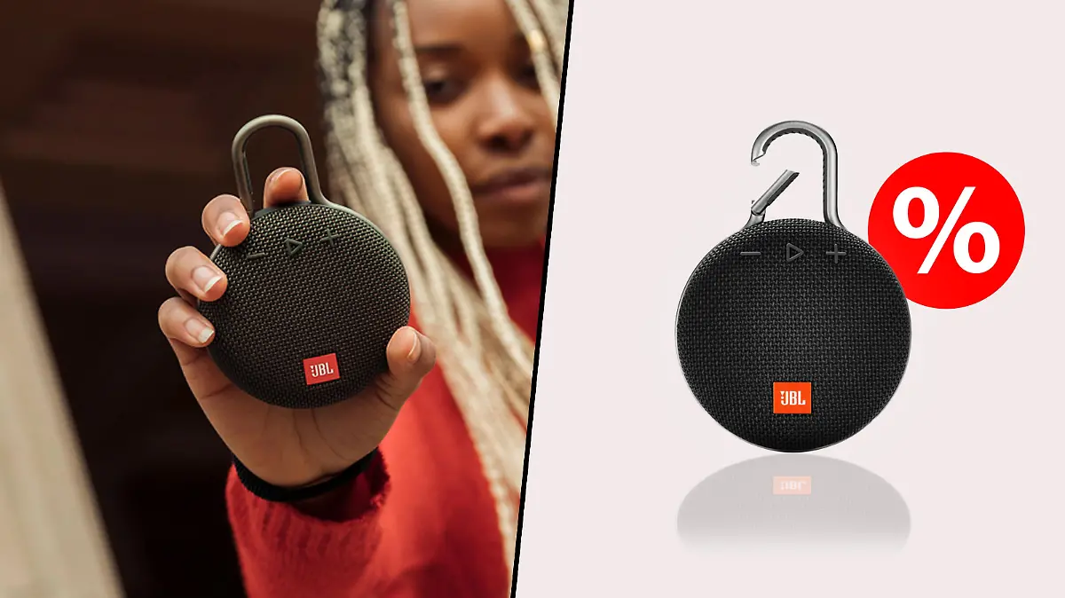 Eine Frau streckt den Arm und zeigt die JBL Clip 3.