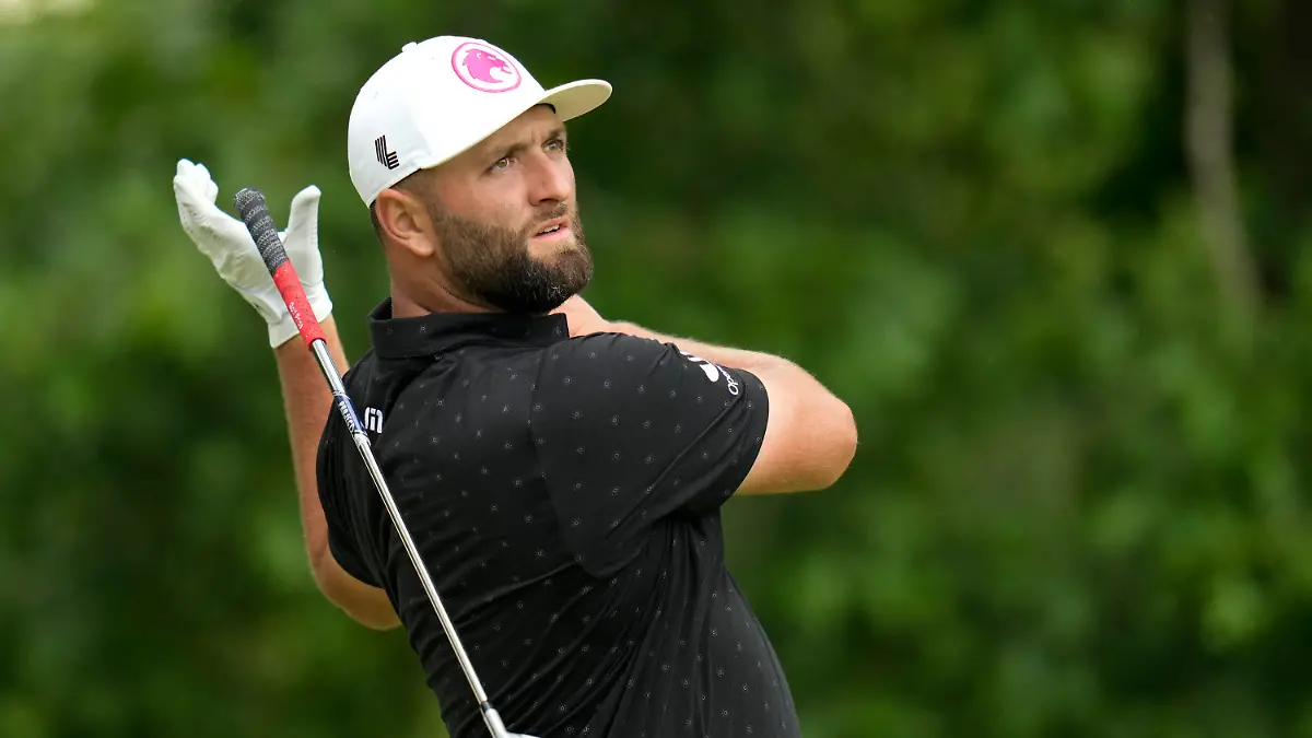 Jon Rahm, of Spain, reacts to his tee shot on the 11th hole during the first round of the PGA Championship golf tournament at the Valhalla Golf Club, Thursday, May 16, 2024, in Louisville, Ky. (AP Photo/Jeff Roberson)