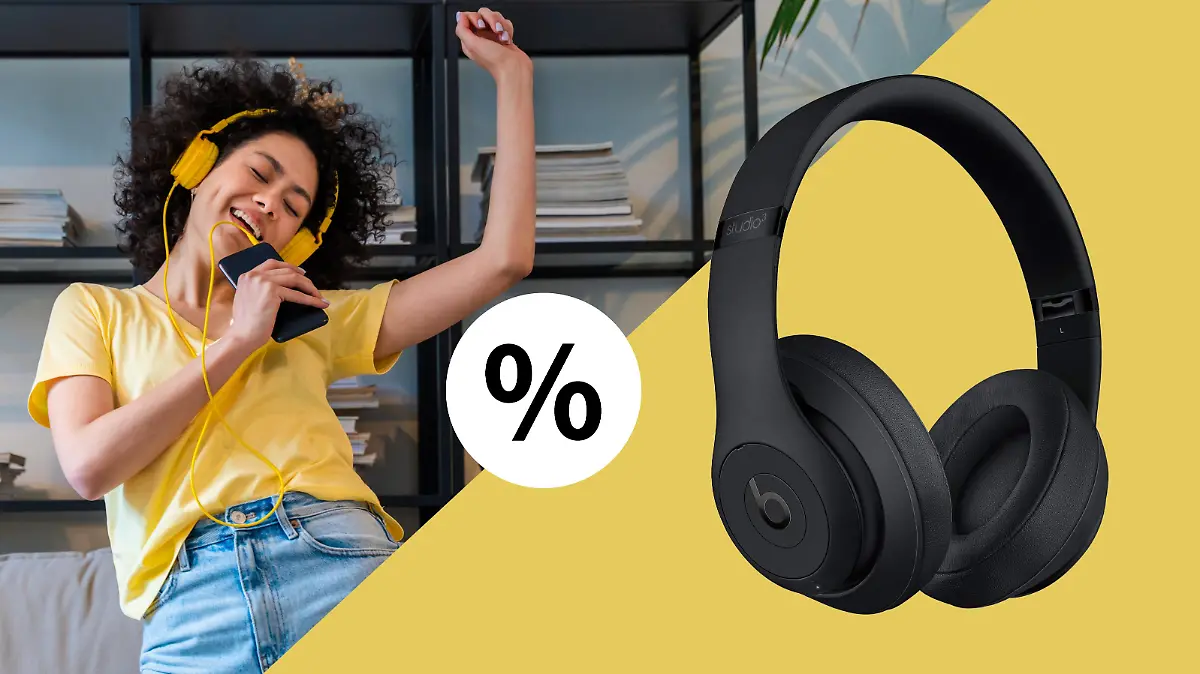Frau tanzt und trägt Kopfhörer/ daneben sind die "Beats Studio 3" zu sehen.