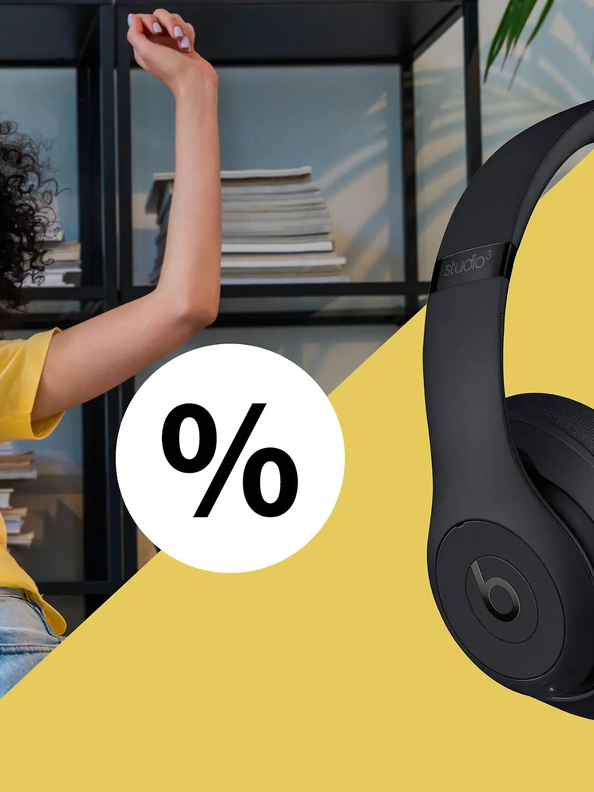 Frau tanzt und trägt Kopfhörer/ daneben sind die "Beats Studio 3" zu sehen.