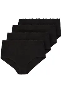 4er Pack Hochgeschnittene Baumwoll-Slips mit Spitze - Schwarz