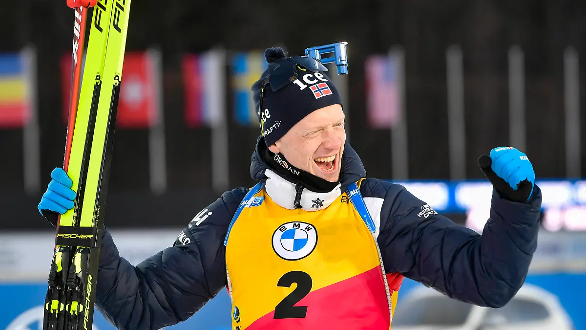Johannes Thingnes Bo Boe from Norway celebrates victory of men s 10 km sprint race within the BMW IBU World Cup Biathlon NMNM 2023, on March 2, 2023, in Nove Mesto na Morave, Czech Republic. CTKxPhoto/LubosxPavlicek CTKPhotoP2023030207643 PUBLICATIONxNOTxINxCZExSVK CTKPhotoP2023030207643