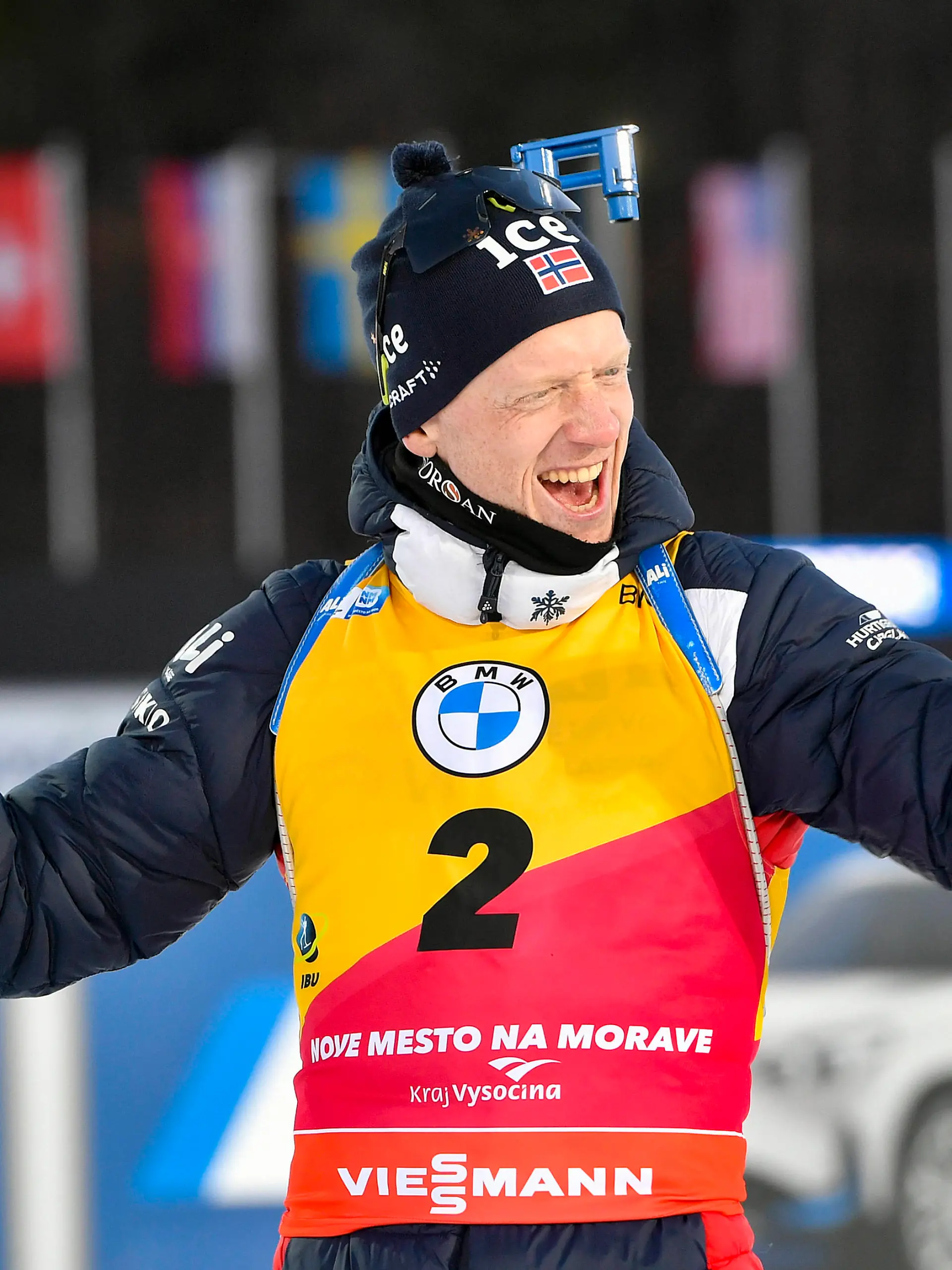 Johannes Thingnes Bo Boe from Norway celebrates victory of men s 10 km sprint race within the BMW IBU World Cup Biathlon NMNM 2023, on March 2, 2023, in Nove Mesto na Morave, Czech Republic. CTKxPhoto/LubosxPavlicek CTKPhotoP2023030207643 PUBLICATIONxNOTxINxCZExSVK CTKPhotoP2023030207643
