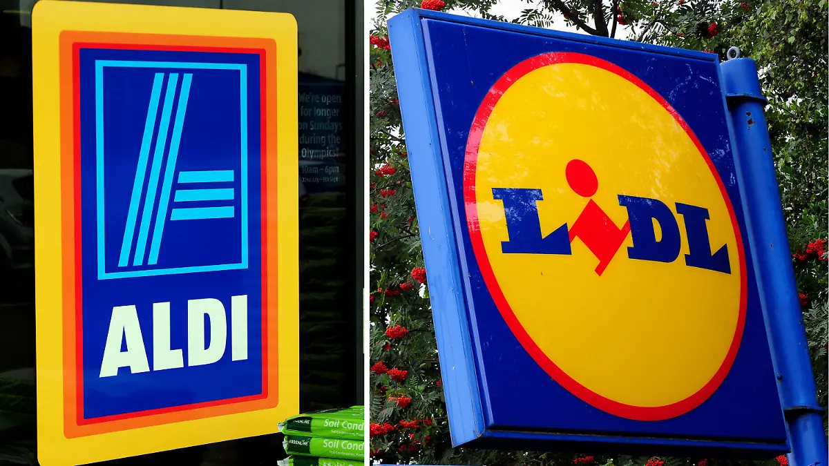 ARCHIV - 31.05.2017, Großbritannien, London: Die Bildkombo aus undatierten Archivbildern zeigt die Logos der deutschen Discounter Aldi (l) und Lidl in Großbritannien. Aldi und Lidl hängen in Großbritannien ihre alteingesessenen Wettbewerber preislich ab. (zu dpa «Studie: Aldi und Lidl waren 2021 in Großbritannien am günstigsten») Foto: Pa/PA Wire/dpa +++ dpa-Bildfunk +++
