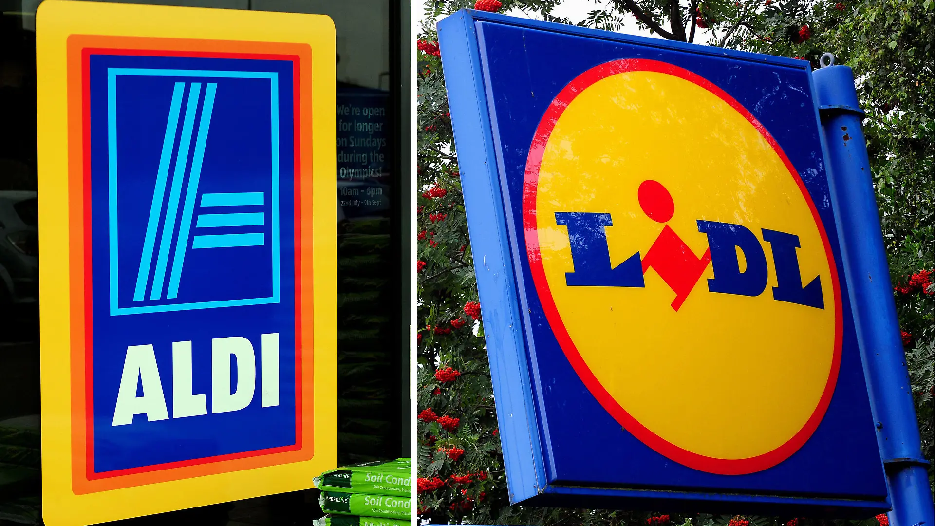 ARCHIV - 31.05.2017, Großbritannien, London: Die Bildkombo aus undatierten Archivbildern zeigt die Logos der deutschen Discounter Aldi (l) und Lidl in Großbritannien. Aldi und Lidl hängen in Großbritannien ihre alteingesessenen Wettbewerber preislich ab. (zu dpa «Studie: Aldi und Lidl waren 2021 in Großbritannien am günstigsten») Foto: Pa/PA Wire/dpa +++ dpa-Bildfunk +++