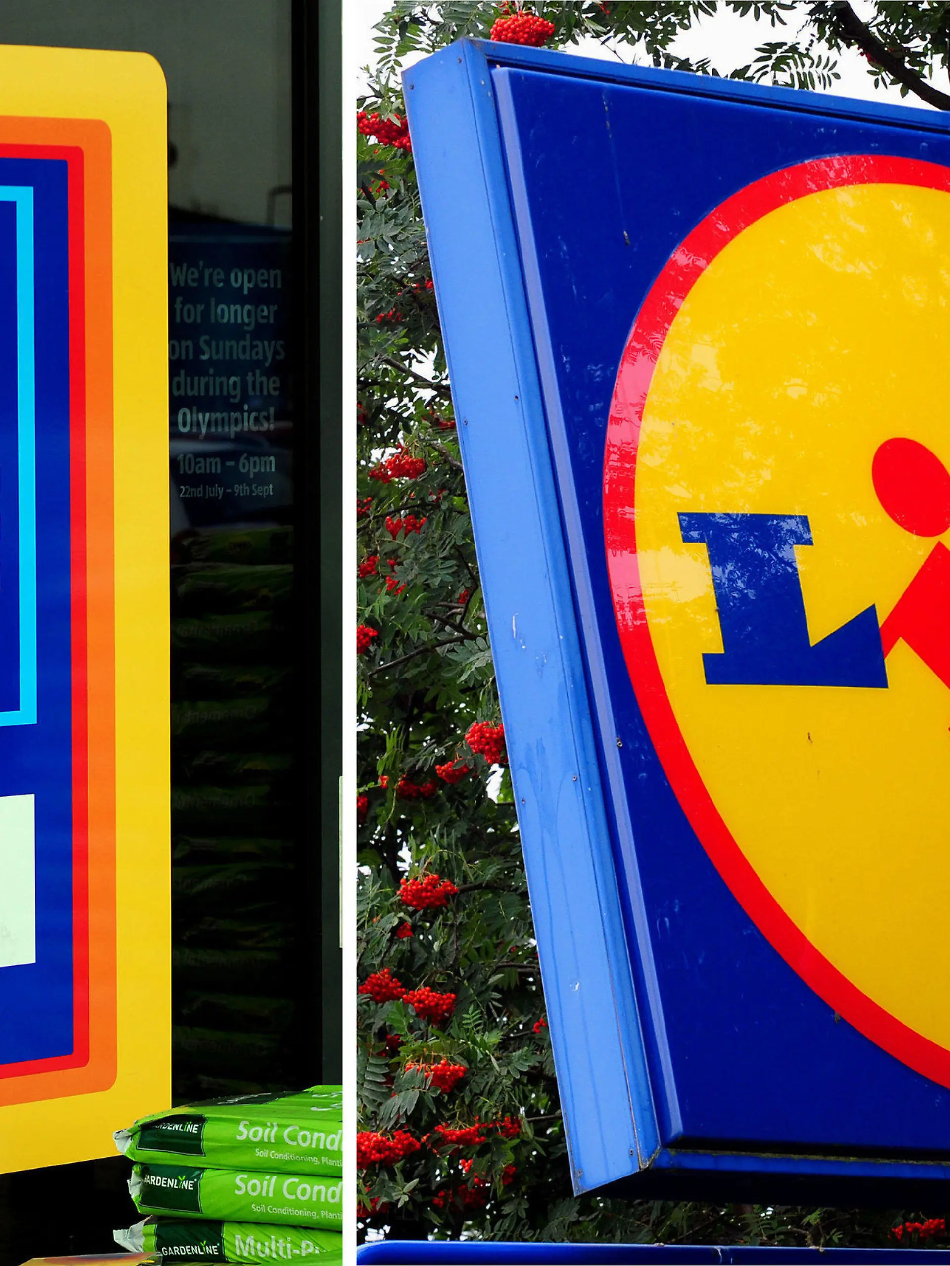 ARCHIV - 31.05.2017, Großbritannien, London: Die Bildkombo aus undatierten Archivbildern zeigt die Logos der deutschen Discounter Aldi (l) und Lidl in Großbritannien. Aldi und Lidl hängen in Großbritannien ihre alteingesessenen Wettbewerber preislich ab. (zu dpa «Studie: Aldi und Lidl waren 2021 in Großbritannien am günstigsten») Foto: Pa/PA Wire/dpa +++ dpa-Bildfunk +++