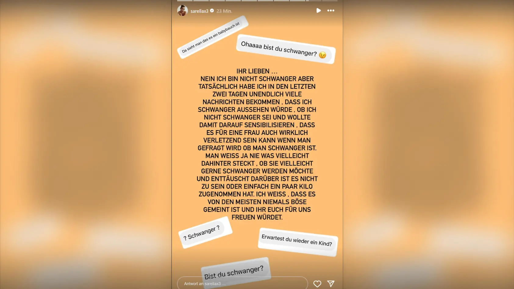 Sarah Ingels expresa su frustración en su historia de Instagram y explica que no está esperando un bebé.