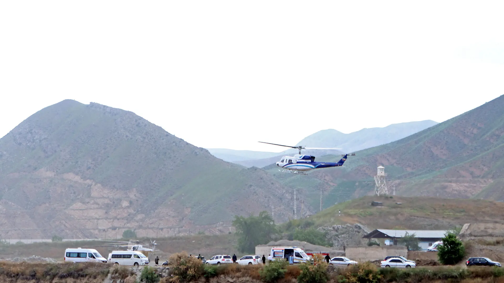A helicopter carrying Iran's President Ebrahim Raisi takes off, near the Iran-Azerbaijan border, May 19, 2024. The helicopter with Raisi on board later crashed. Ali Hamed Haghdoust/IRNA/WANA (West Asia News Agency) via REUTERS ATTENTION EDITORS - THIS IMAGE HAS BEEN SUPPLIED BY A THIRD PARTY.