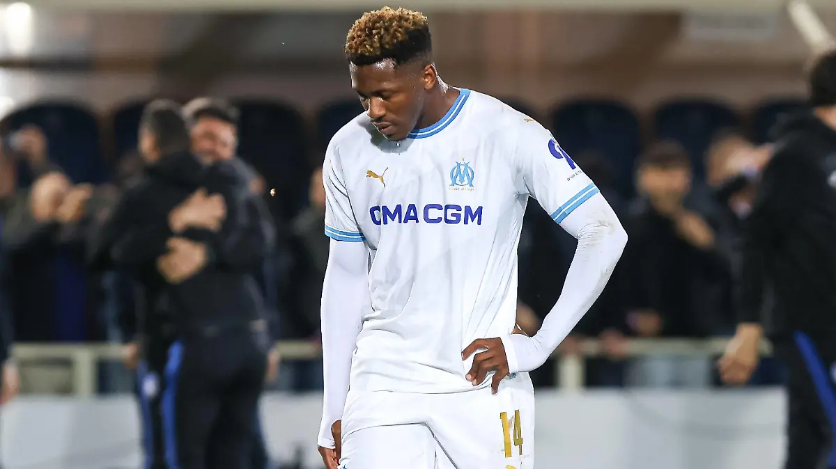 BERGAMO, ITALY - MAY 09: Faris Moumbagna Olympique de Marseille disappointed at the end of the Europa League football match between Atalanta and Marseille on May 09, 2024, at the Gewiss Stadium in Bergamo, Italy. Photo by Stefano Nicoli/Speed Media/Icon Sportswire SOCCER: MAY 09 Europa League - Atalanta v Marseille EDITORIAL USE ONLY Icon2405090064