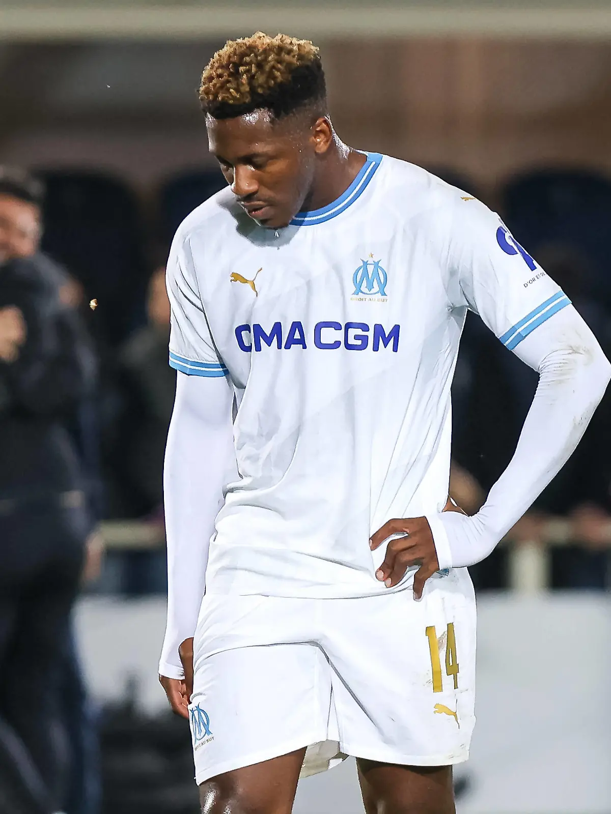 BERGAMO, ITALY - MAY 09: Faris Moumbagna Olympique de Marseille disappointed at the end of the Europa League football match between Atalanta and Marseille on May 09, 2024, at the Gewiss Stadium in Bergamo, Italy. Photo by Stefano Nicoli/Speed Media/Icon Sportswire SOCCER: MAY 09 Europa League - Atalanta v Marseille EDITORIAL USE ONLY Icon2405090064