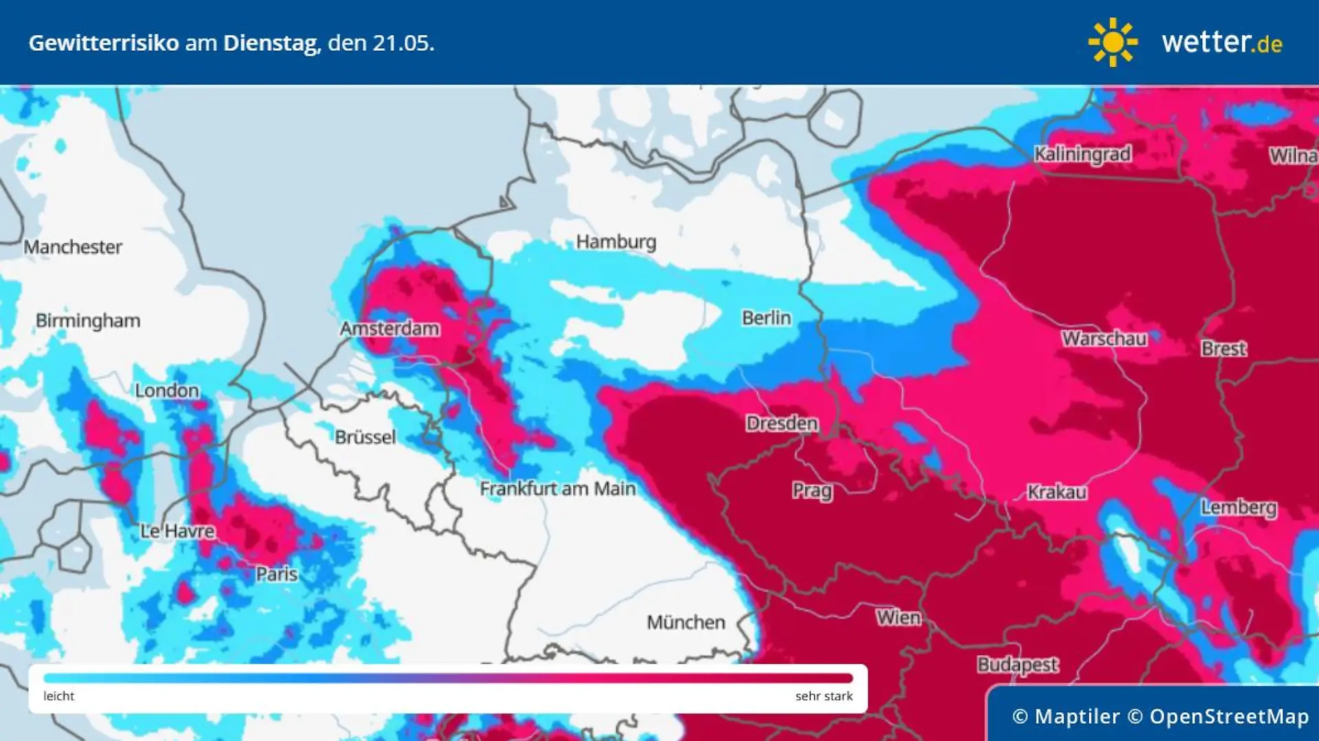 Die Grafik zeigt, wo heute in Deutschland Unwetter drohen