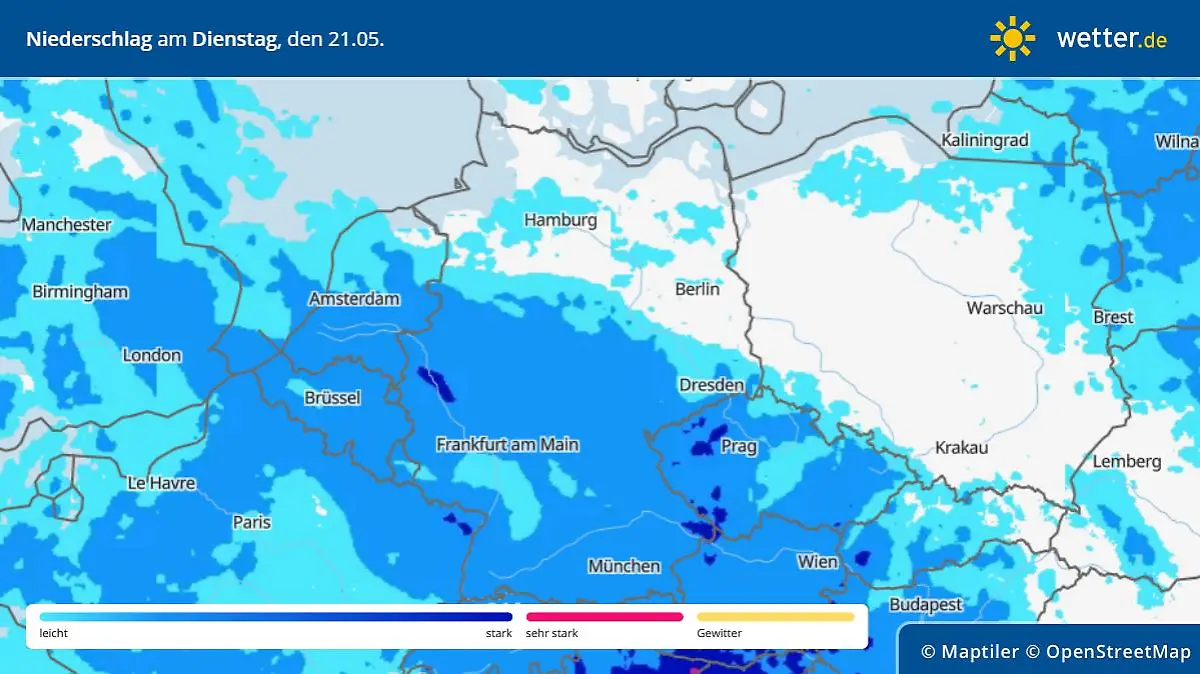 Die Grafik zeigt die Niederschlagsverteilung am Dienstag in Deutschland.