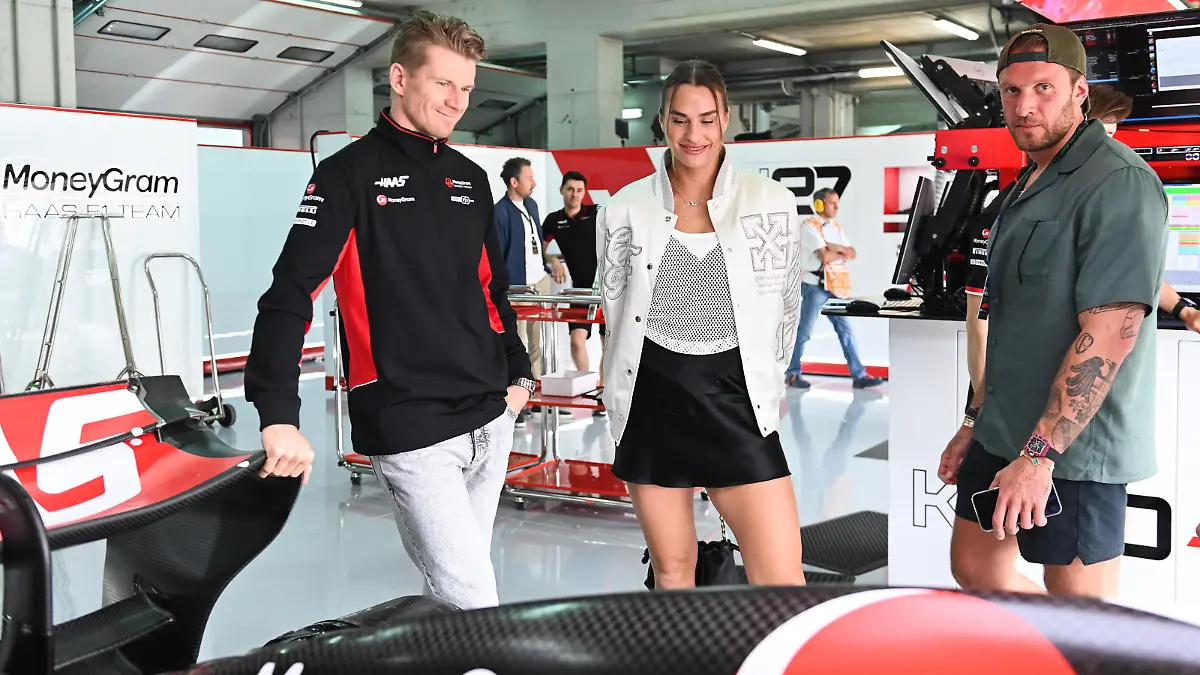5/19/2024 - Nico Hulkenberg, Haas F1 Team, with guest, star tennis player Aryna Sabalenka during the Formula 1 Emilia Romagna Grand Prix in Imola, Italy. (Photo by Mark Sutton/Motorsport Images/Sipa USA) France OUT, UK OUT