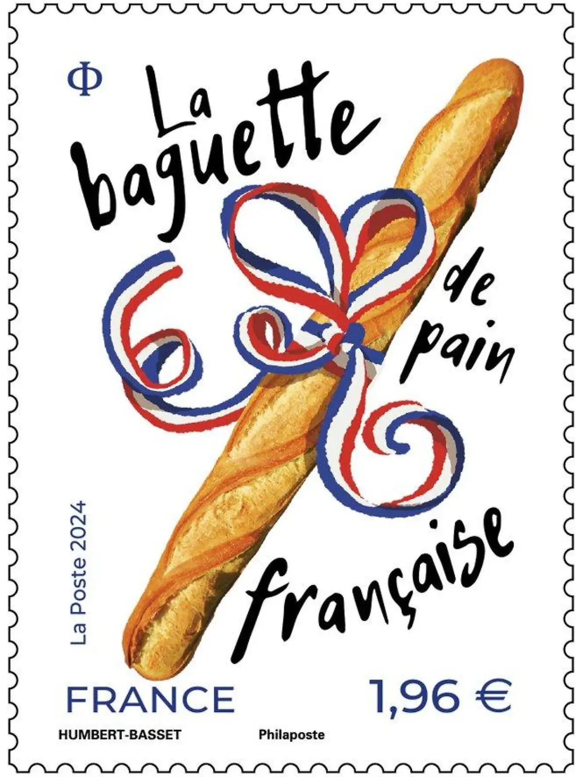 Eine Abbildung einer französischen Briefmarke, auf der ein Baguette zu sehen ist