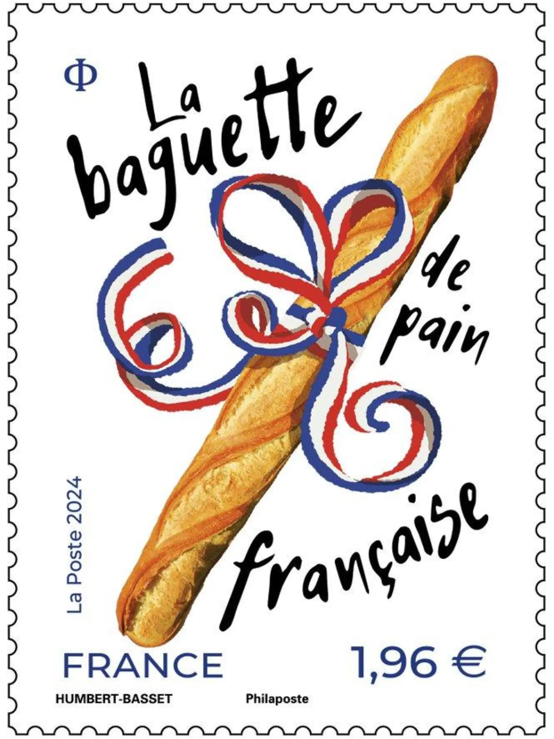 Eine Abbildung einer französischen Briefmarke, auf der ein Baguette zu sehen ist