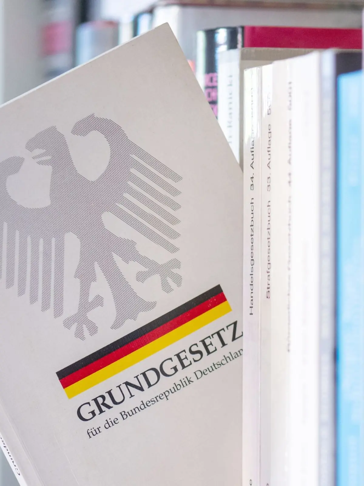 Ein Grundgesetz steckt in einem Bücherregal.