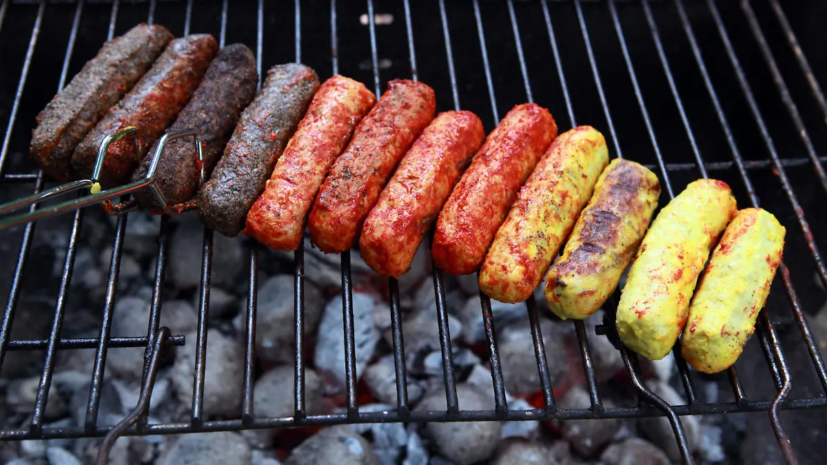 18.06.2016, Berlin, Deutschland, vegane Bratwuerste auf einem Grill. 00S160618D033CARO.JPG