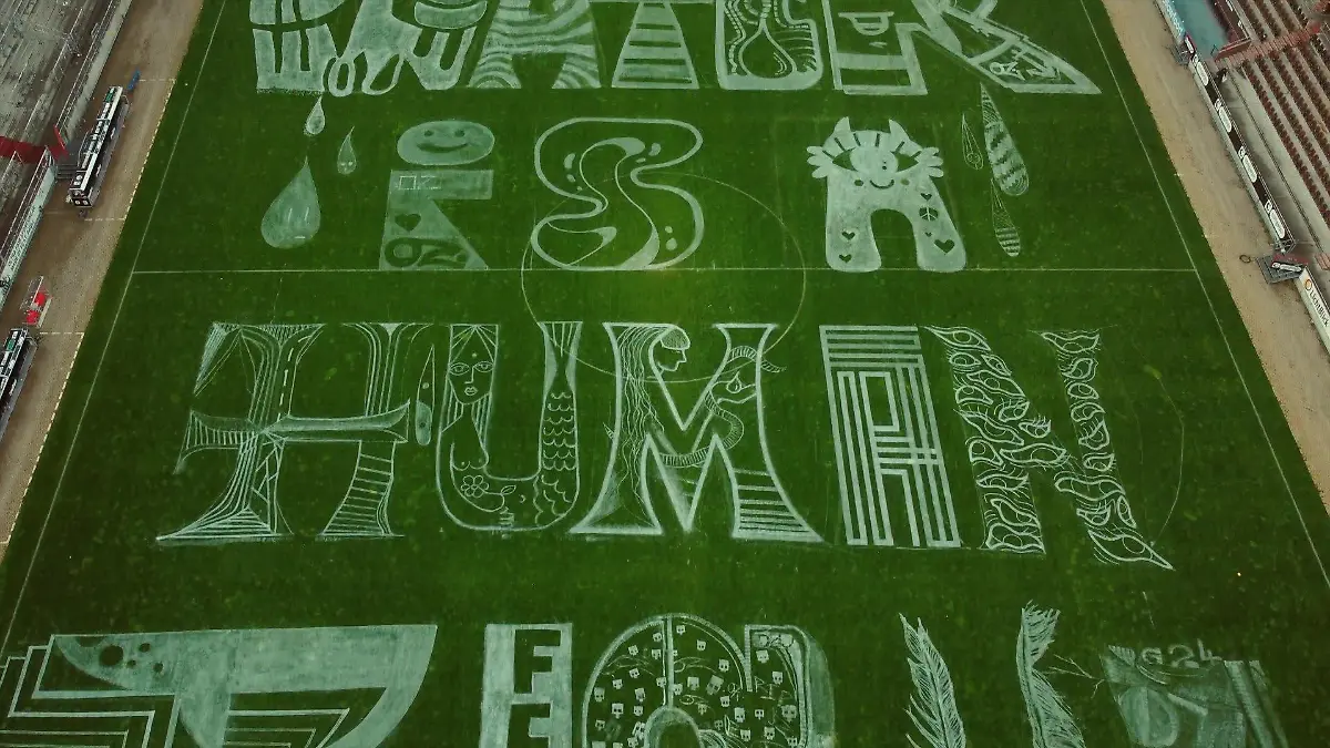 Schriftzug "Water is a human right" auf dem St.Pauli Rasen.