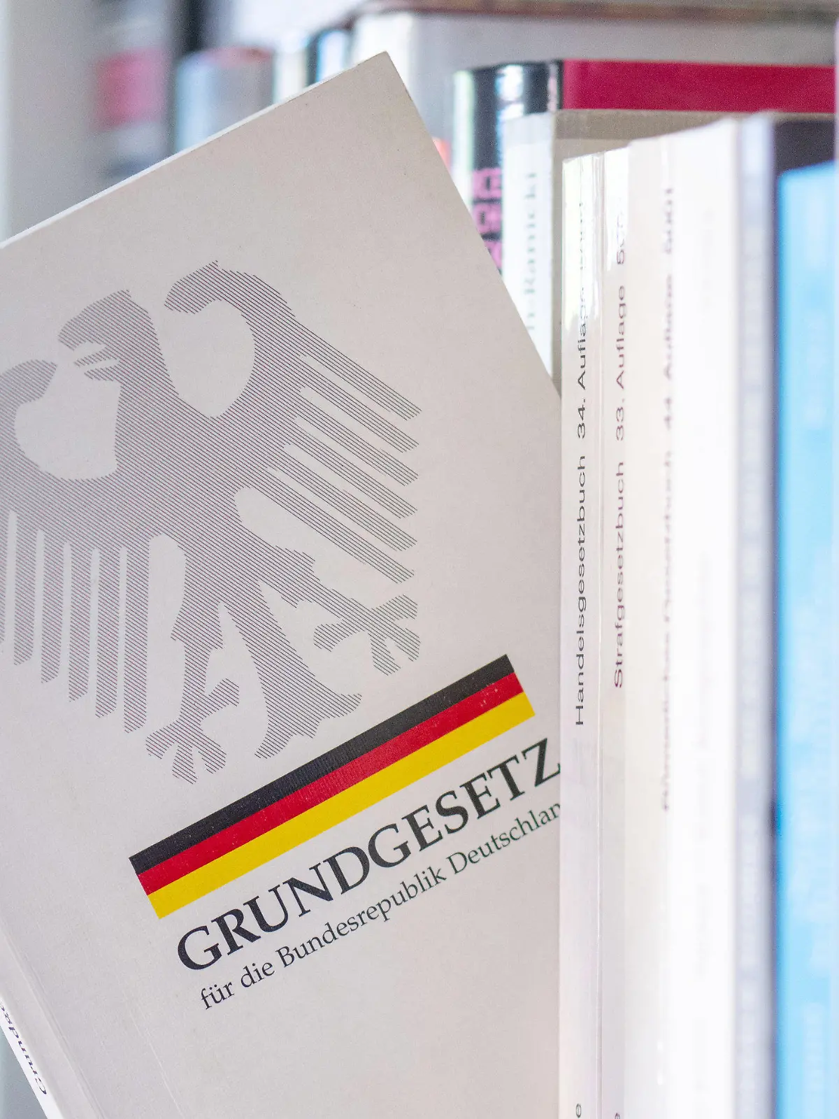 ARCHIV - 13.05.2024, Sachsen, Leipzig: ILLUSTRATION - Ein Grundgesetz steckt in einem Bücherregal. Das Grundgesetz der Bundesrepublik feiert in diesem Jahr seinen 75. Geburtstag. Es wurde am 23. Mai 1949 erlassen. (zu dpa: «Das Grundgesetz wird 75 - Staatsakt mit Rede Steinmeier») Foto: Hendrik Schmidt/dpa +++ dpa-Bildfunk +++