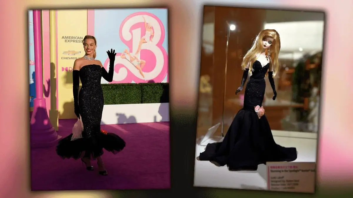 Links Margot Robbie im Look von (rechts) der berühmten "Spotlight Barbie".
