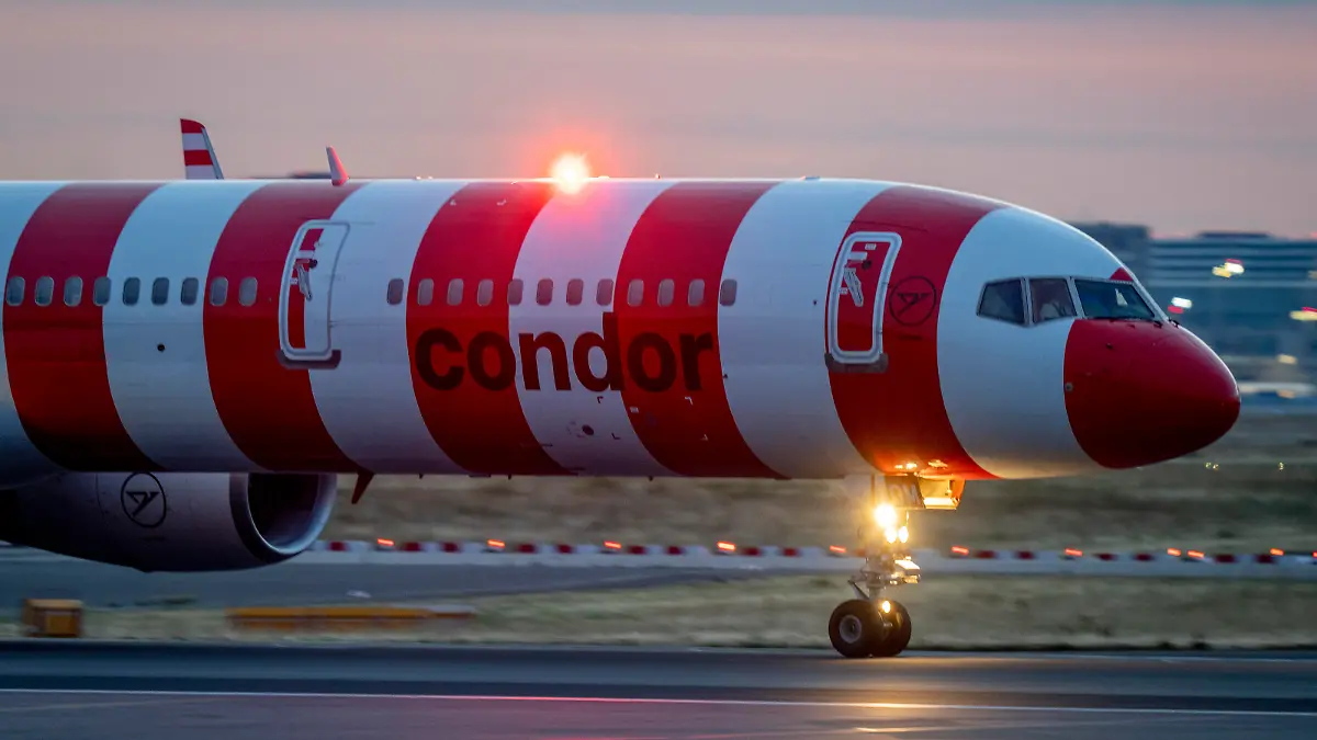 An aircraft of Condor Airlines at the tarmac in Frankfurt's airport, Germany, Friday, July 14, 2023. (AP Photo/Michael Probst)