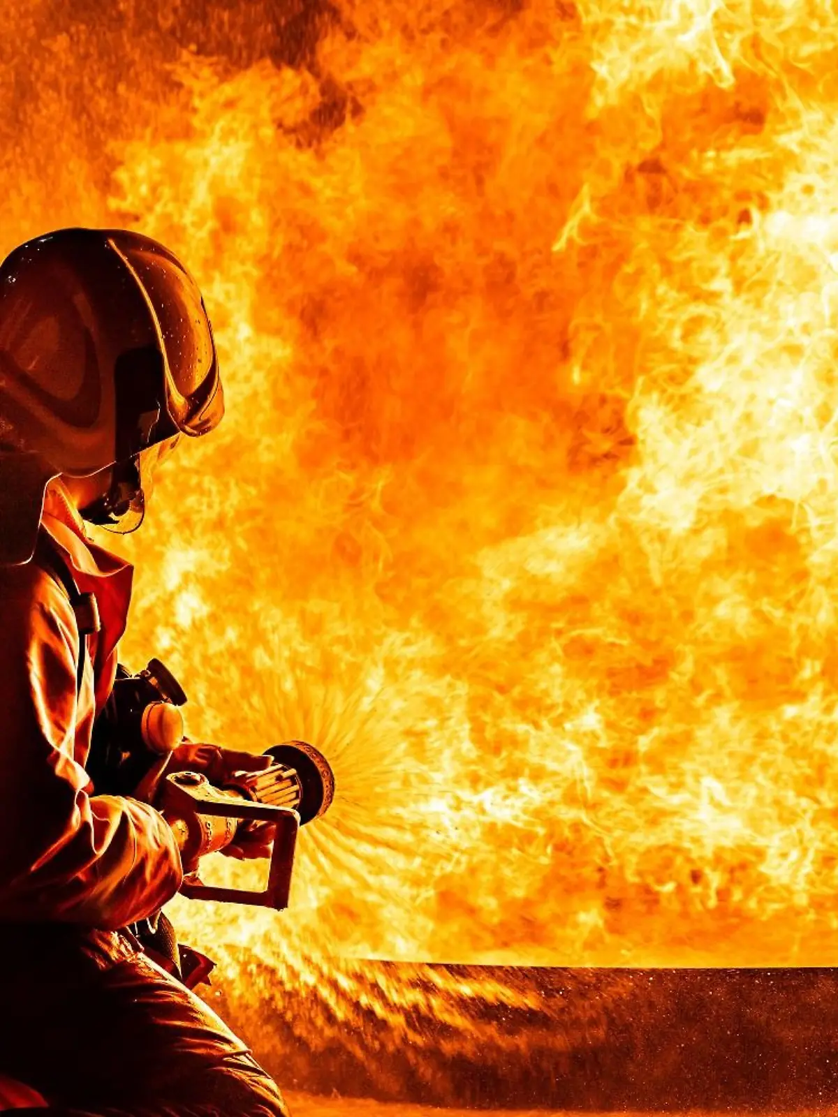 Firefighters using Twirl water fog type fire extinguisher to fighting with the fire flame from oil to control fire not to spreading out. Firefighter and industrial safety concept.