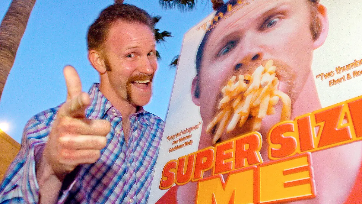 FILE - Morgan Spurlock poses at the Los Angeles premiere of his film "Super Size Me," Thursday night, April 22, 2004, in the Hollywood section of Los Angeles. Spurlock, an Oscar-nominee who made food and American diets his life’s work, famously eating only at McDonald’s for a month to illustrate the dangers of a fast-food diet, has died. He was 53. (AP Photo/Mark J. Terrill)
