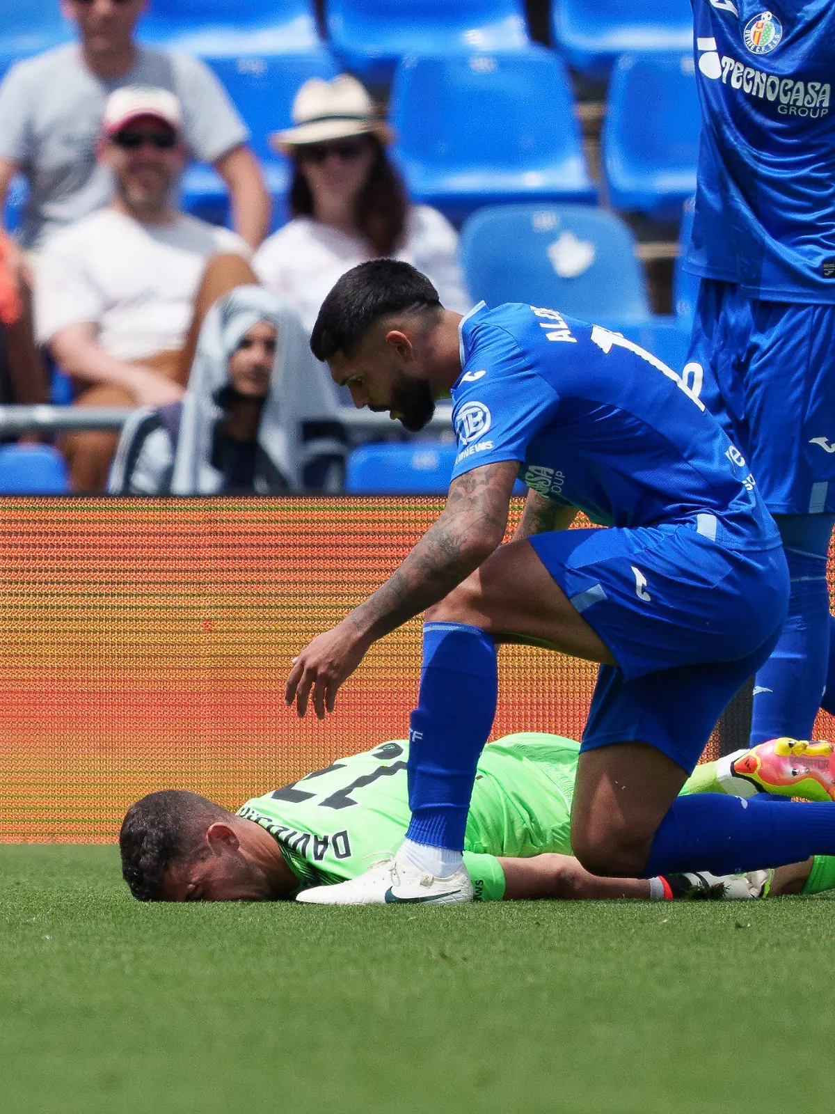 David Soria of Getafe CF is treated on the green and taken by ambulance to the Hospital during the Spanish League, LaLiga EA Sports, football match played between Getafe CF and RCD Mallorca at Coliseum de Getafe on May 26, 2024, in Getafe, Madrid, Spain.