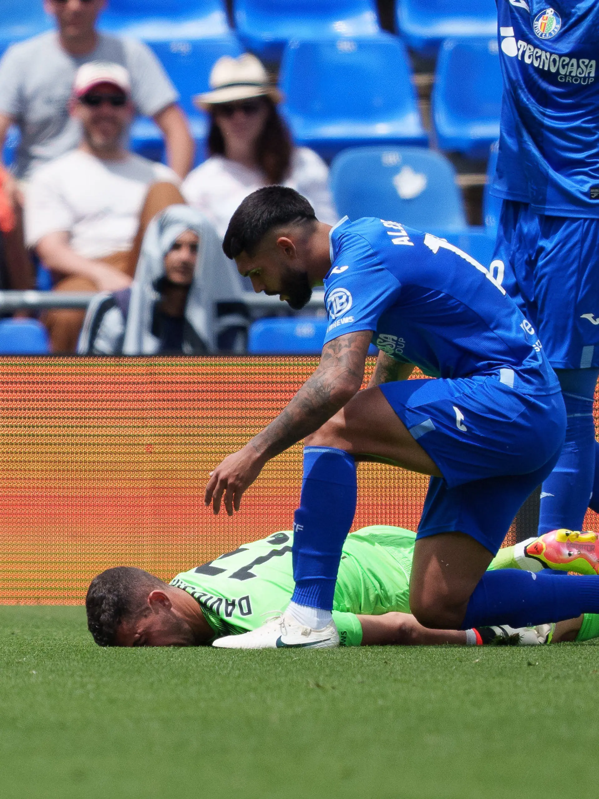 David Soria of Getafe CF is treated on the green and taken by ambulance to the Hospital during the Spanish League, LaLiga EA Sports, football match played between Getafe CF and RCD Mallorca at Coliseum de Getafe on May 26, 2024, in Getafe, Madrid, Spain.
