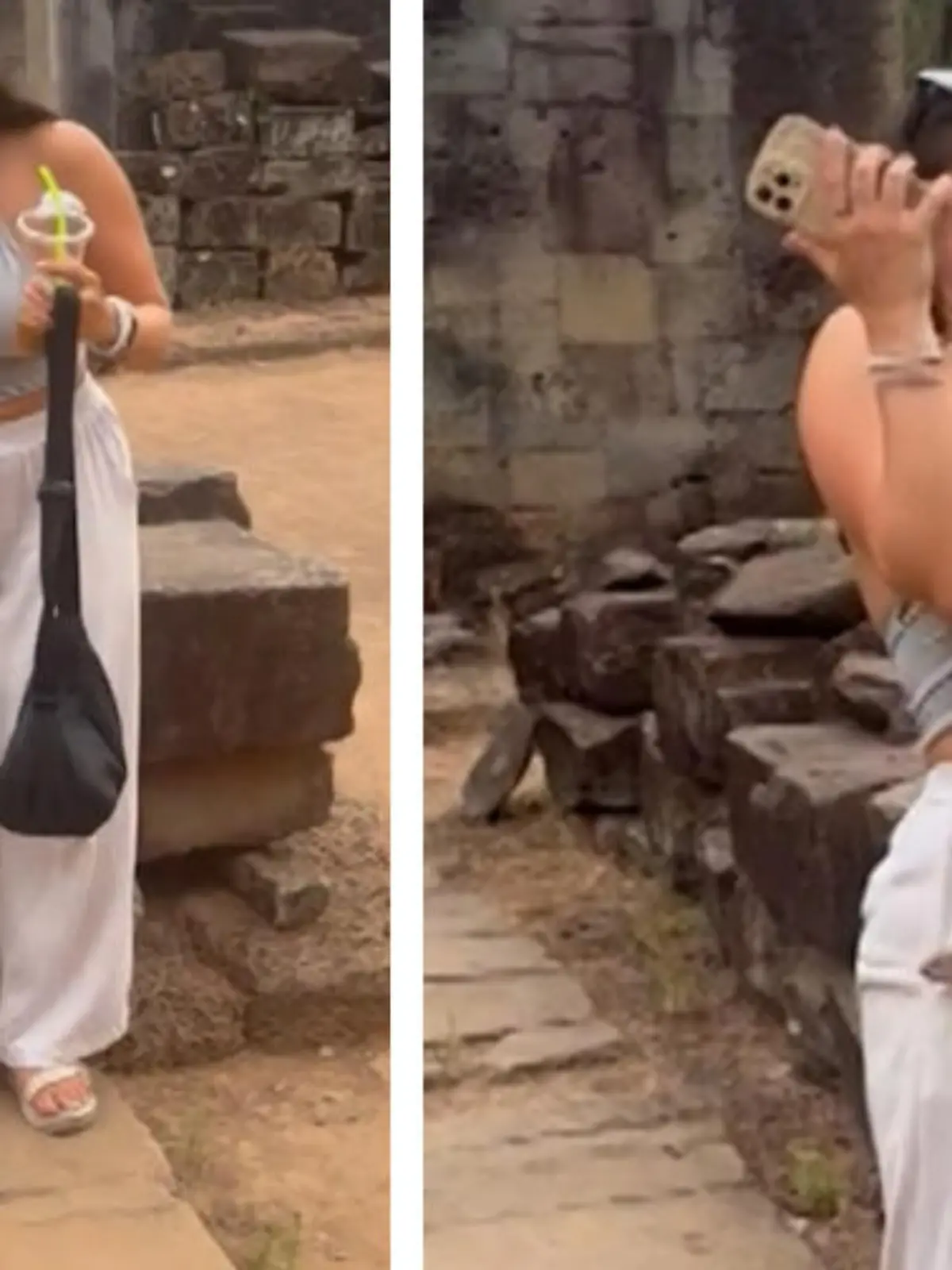 Ganz entspannt schlenderte diese Touristin durch die Angkor-Tempelanlage in Kambodscha, als sie plötzlich einer der Tempelaffen anspringt! Der neugierige Frechdachs grabscht sich seinen Weg zum Objekt der Begierde.
Welches das ist, erfahrt ihr im Video.