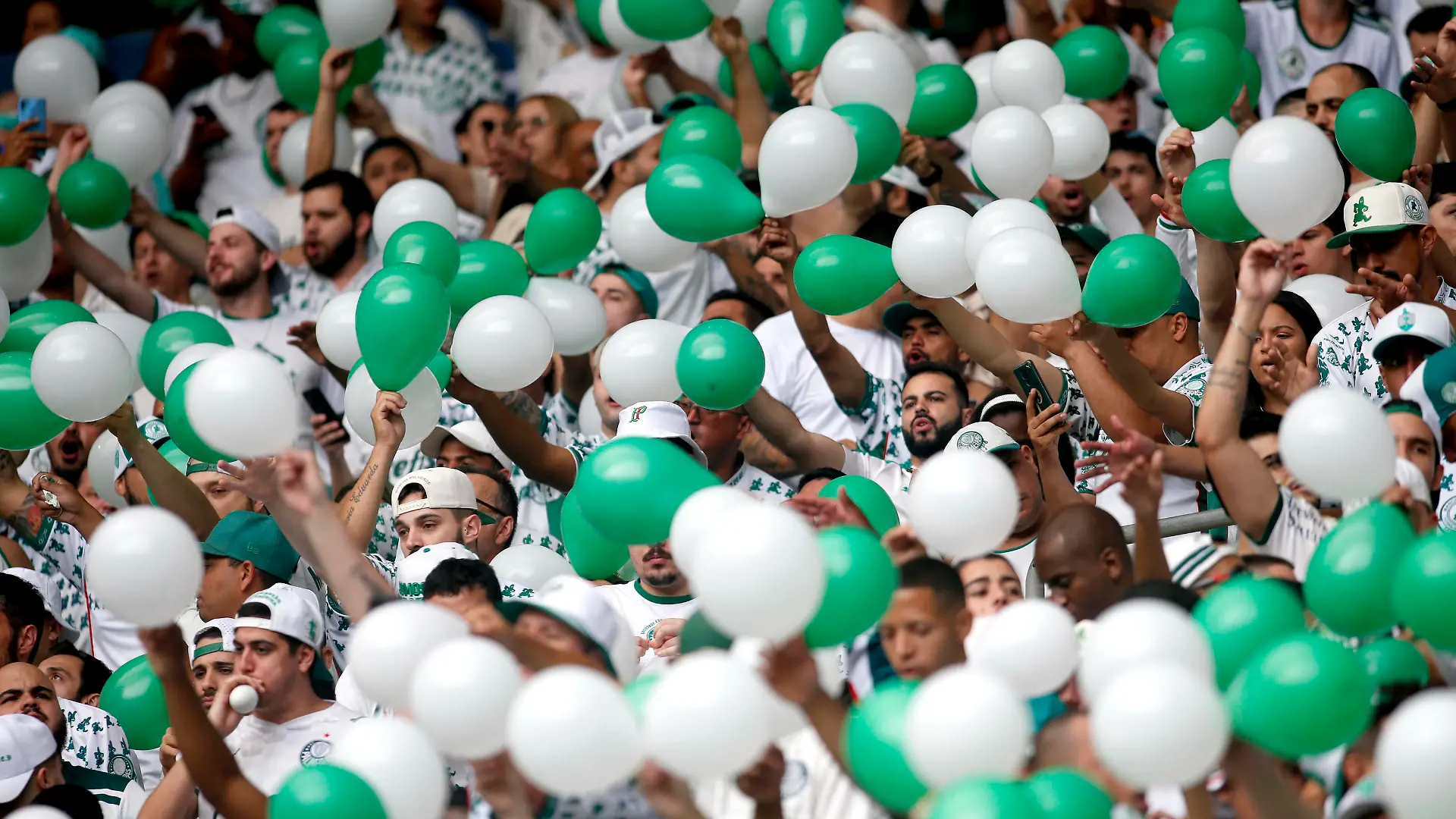 Supporters during a game between Palmeiras and Sao Paulo at Allianz Parque in Sao Paulo, Brazil