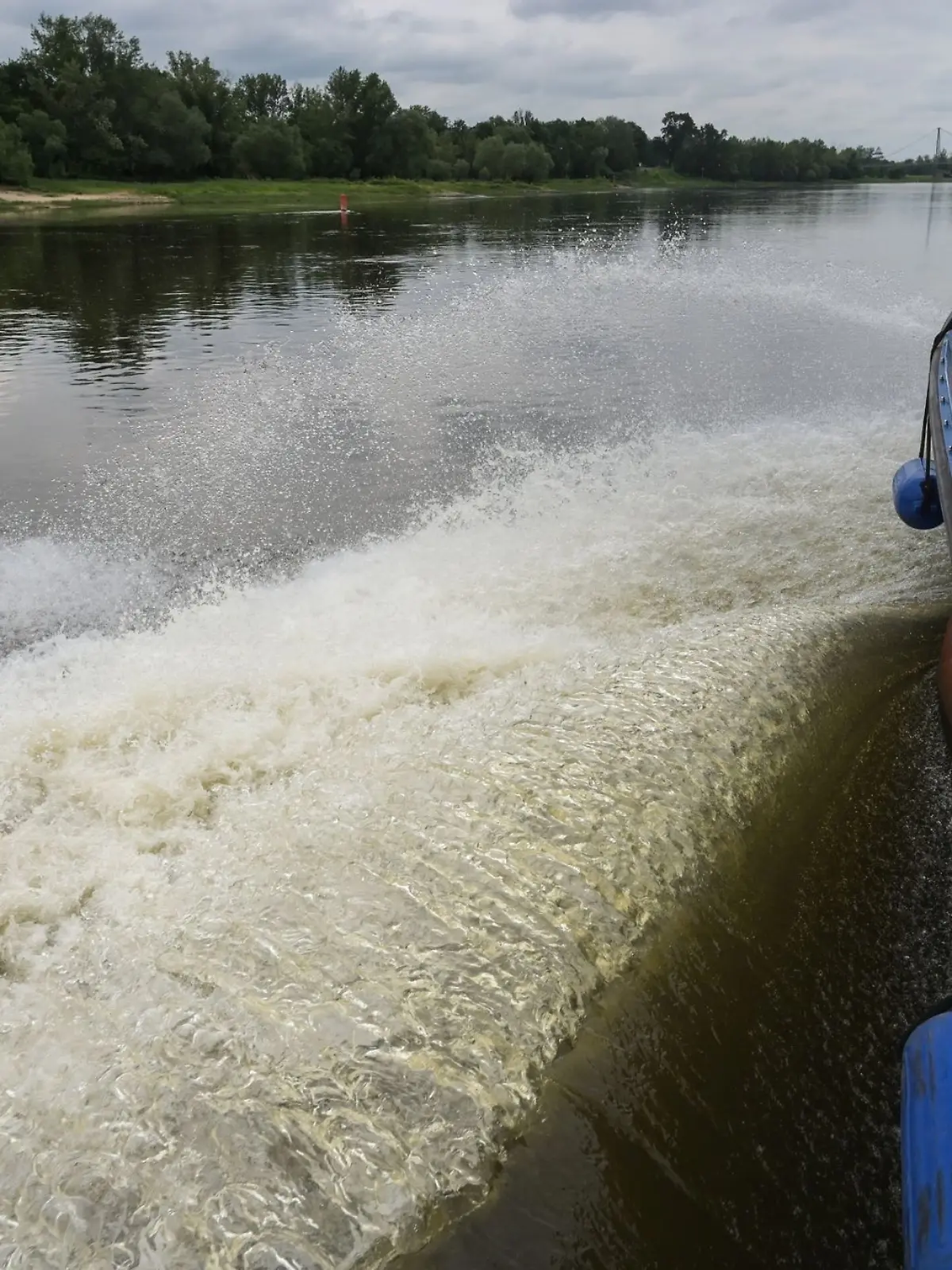 Ein Streifeneinsatzboot der Wasserschutzpolizei ist in voller Fahrt auf der Elbe.