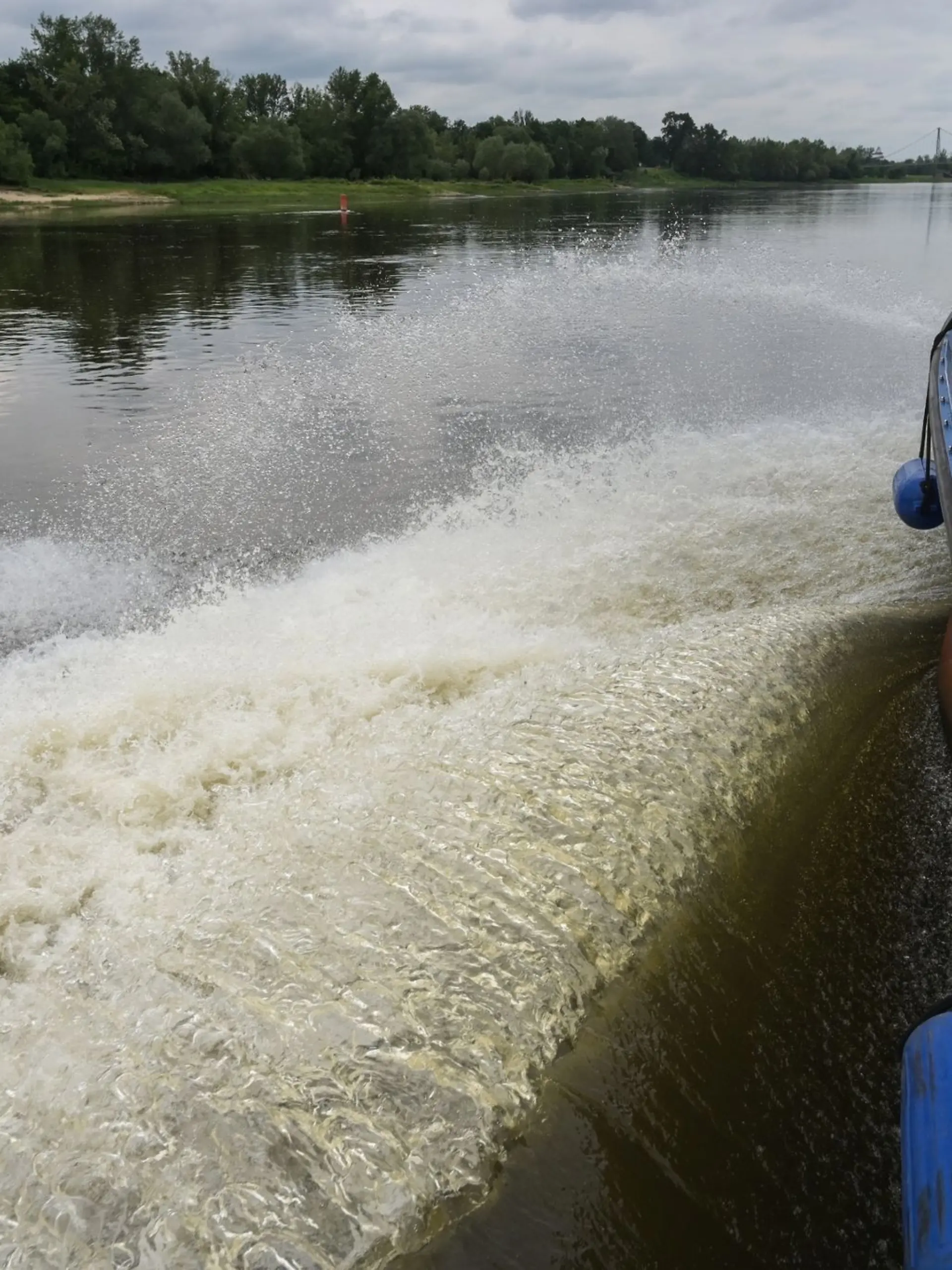 Ein Streifeneinsatzboot der Wasserschutzpolizei ist in voller Fahrt auf der Elbe.