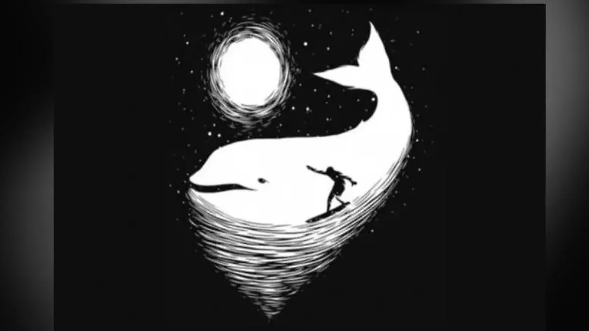 Surfer vor Wal und Mond