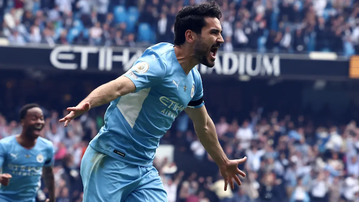 May 22, 2022, Manchester, United Kingdom: Manchester, England, 22nd May 2022. Ilkay Gundogan of Manchester City celebrates scoring their third goal during the Premier League match at the Etihad Stadium, Manchester. (Credit Image: Â© Darren Staples/CSM via ZUMA Press Wire