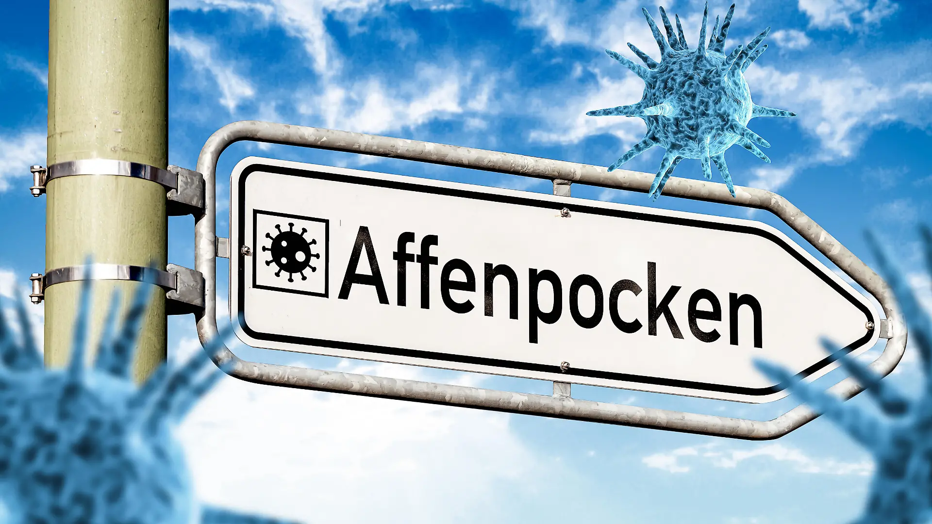 Schild mit der Aufschrift Affenpocken, die Affenpocken sind eine Viruserkrankung bei Affen FOTOMONTAGE