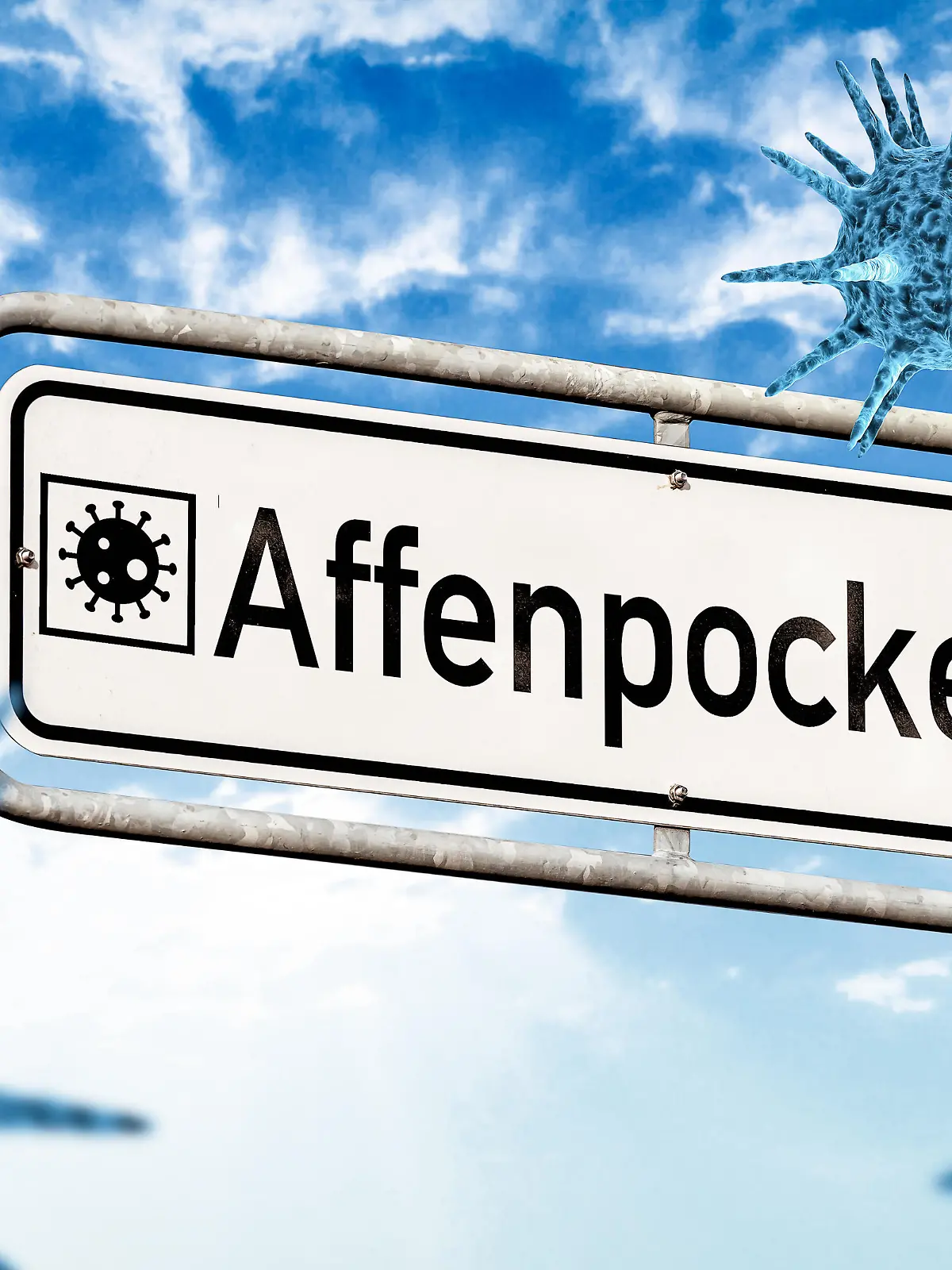 Schild mit der Aufschrift Affenpocken, die Affenpocken sind eine Viruserkrankung bei Affen FOTOMONTAGE