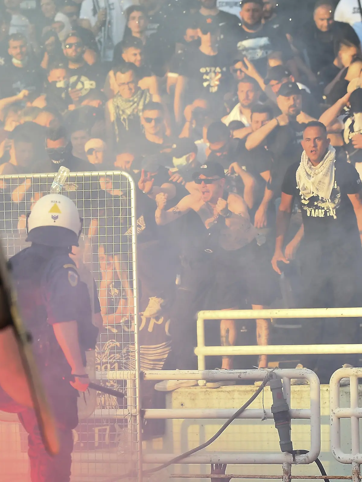 Panathinaikos fans clash with police before the Greek Cup Final soccer match between Panathinaikos and PAOK at the Olympic stadium in Athens, Greece, Saturday, May 21, 2022. (Photo by Dimitris Lampropoulos/NurPhoto)