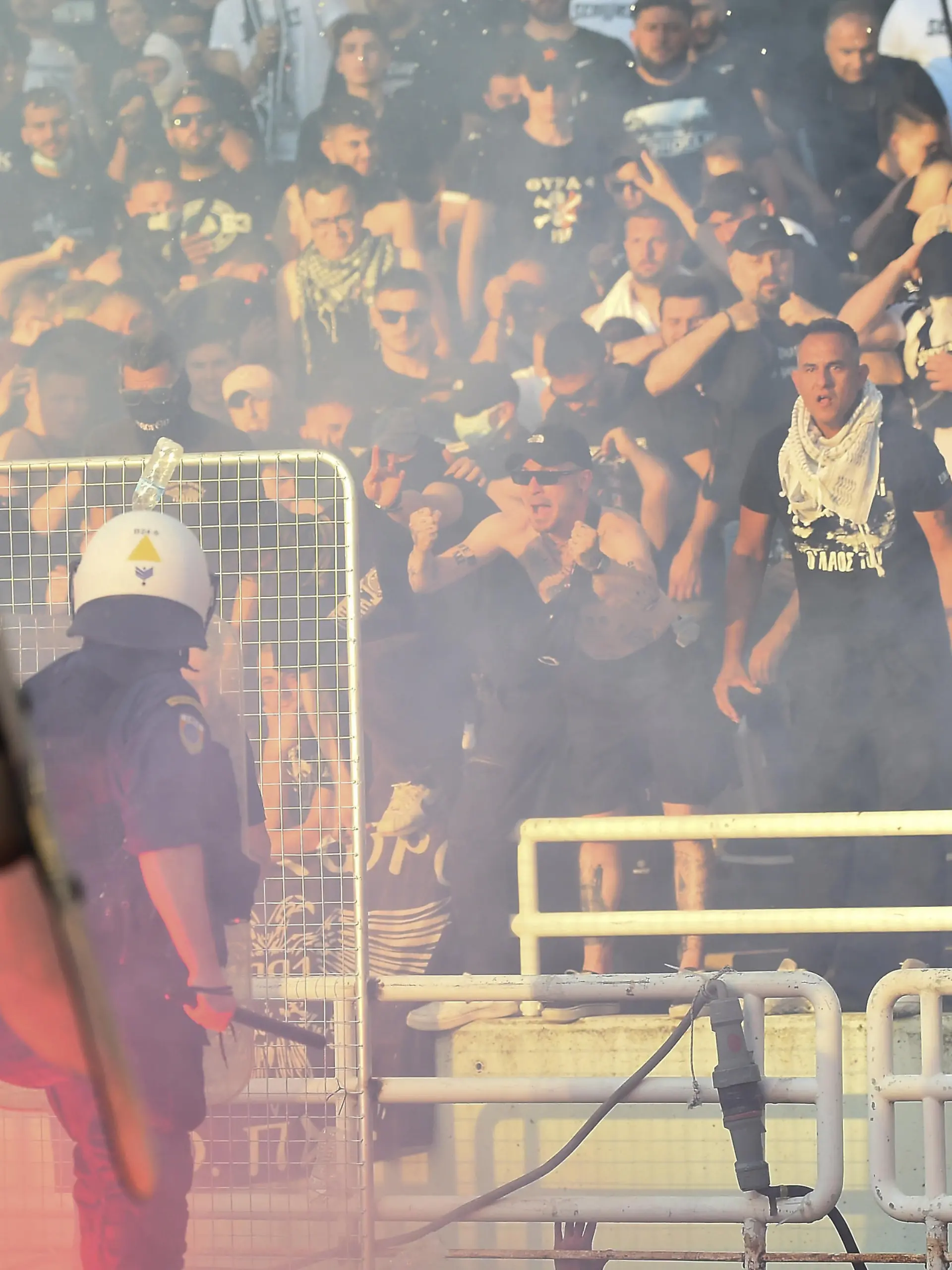 Panathinaikos fans clash with police before the Greek Cup Final soccer match between Panathinaikos and PAOK at the Olympic stadium in Athens, Greece, Saturday, May 21, 2022. (Photo by Dimitris Lampropoulos/NurPhoto)