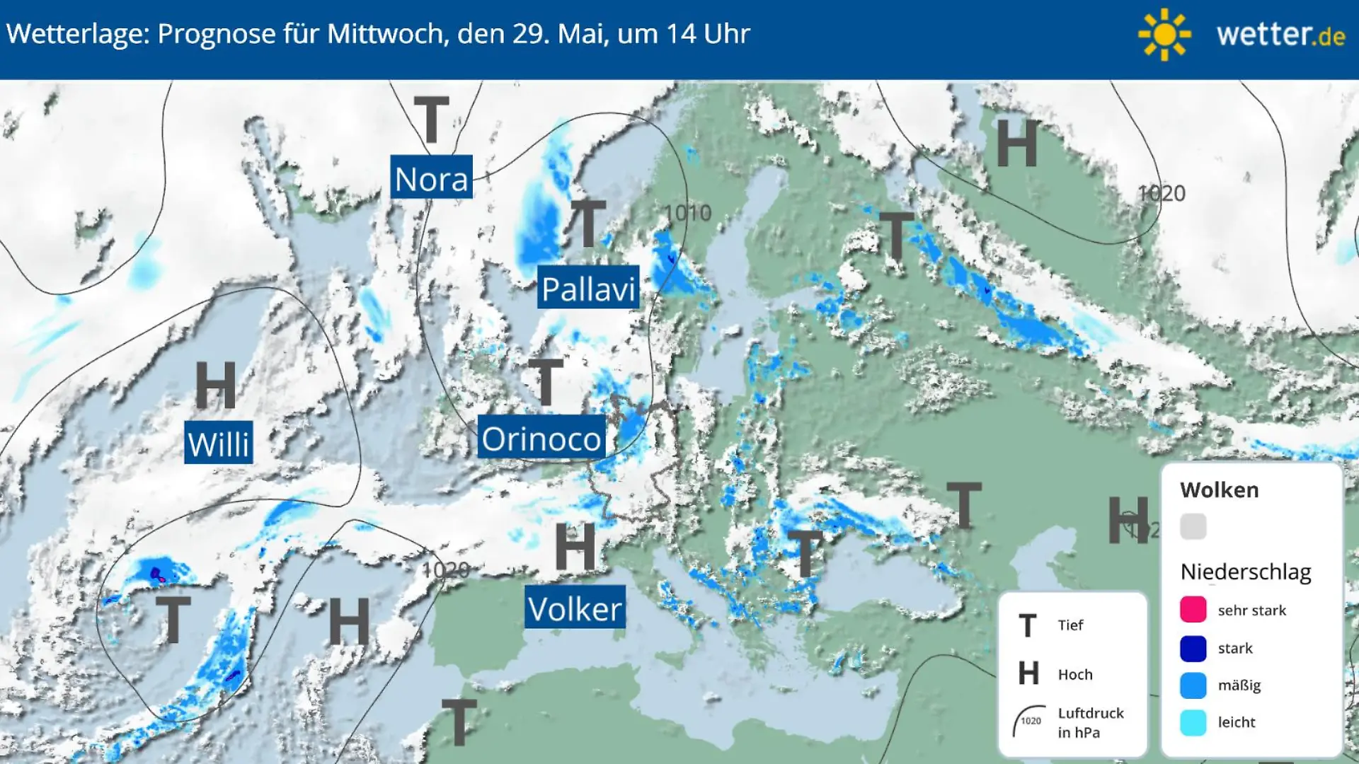 Die Wetterlage am Mittwoch, 29.05.2024
