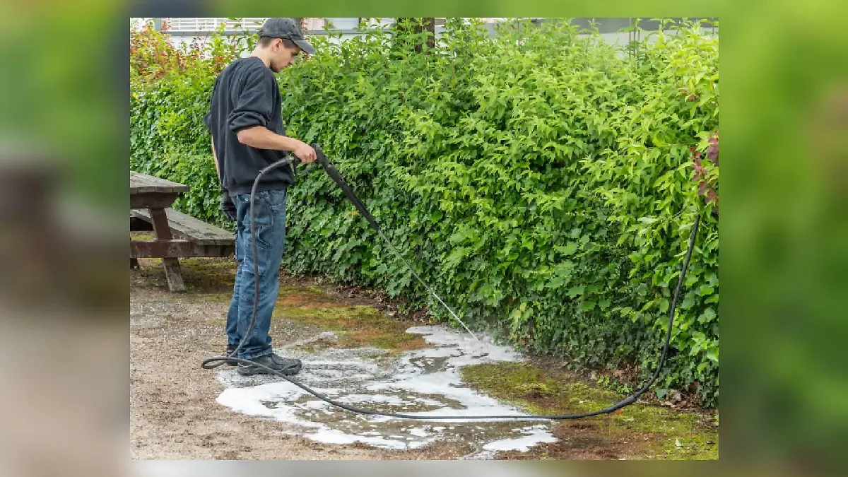 Ein Mitarbeiter einer Schädlingsbekämpfungsfirma versprüht Heißschaum.