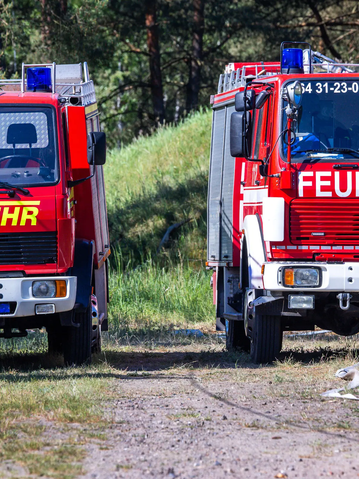 16.05.2024, Mecklenburg-Vorpommern, Lübtheen: Feuerwehrfahrzeuge stehen in der Nähe der mittlerweile gelöschten Brandstelle auf dem ehemaligen Truppenübungsplatz. Am Abend des 15.05.2024 war ein Feuer ausgebrochen, Einsatzkräfte der Feuerwehr konnten den etwa drei Hektar großen Brandherd bekämpfen. Im Sommer 2019 hatte sich über die Jahre freigelegte Munition vermutlich selbst entzündet und ein Feuer verursacht, das fast 1.000 Hektar Wald erfasste. Foto: Jens Büttner/dpa +++ dpa-Bildfunk +++